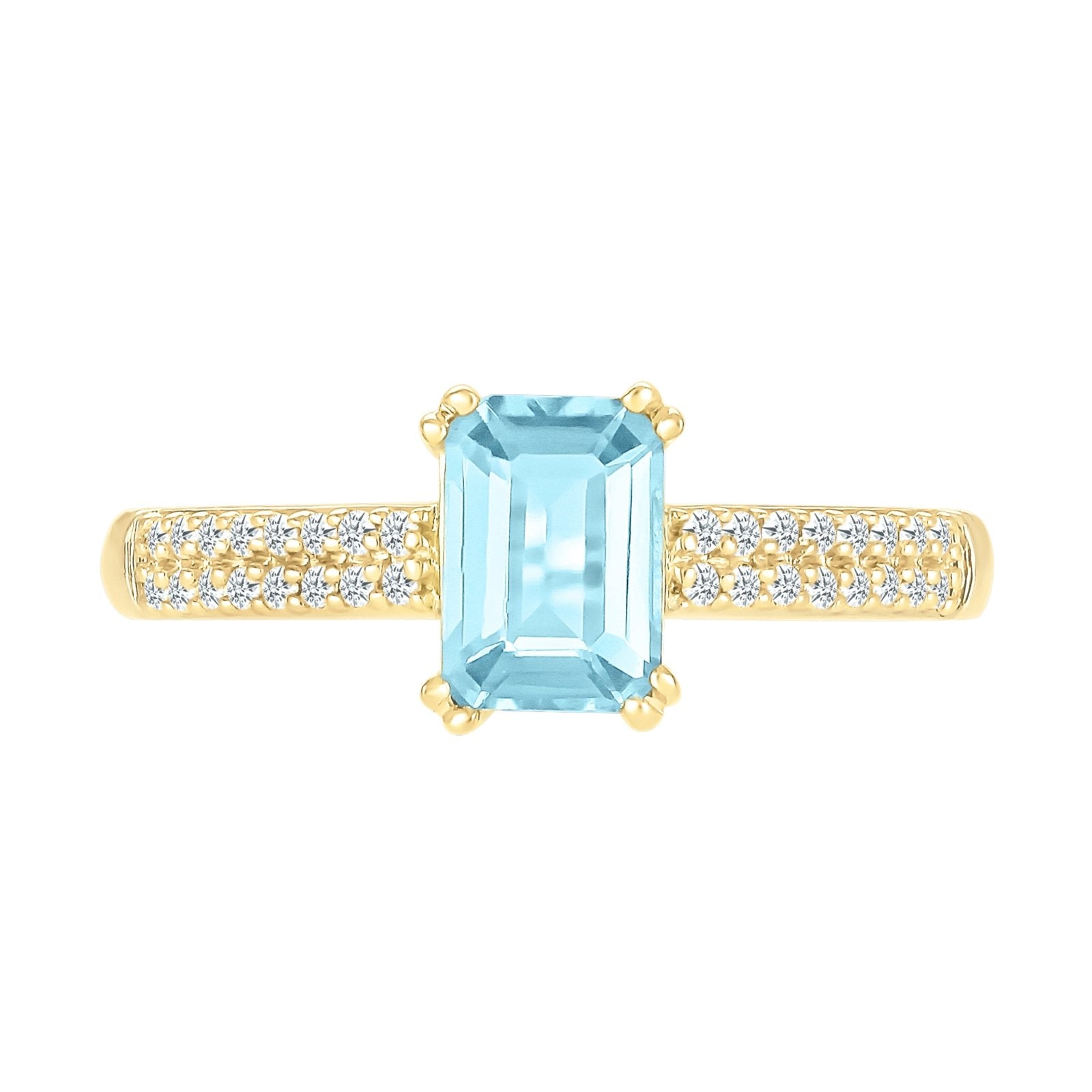 10k Yellow Gold Aquamarine Solitaire Ring with White Sapphire Band - Elegant Birthstone Jewelry for Women, Perfect for Engagement, Anniversary & Special Occasions