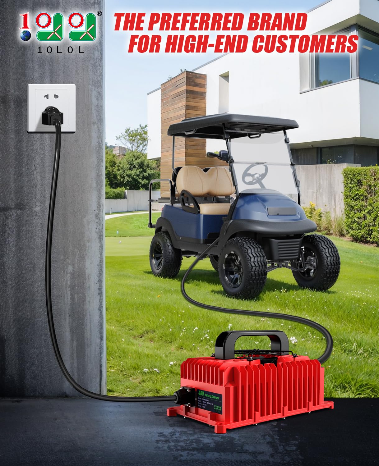 48V 15A Golf Cart Battery Charger for Club Car DS/Precedent - IP68 Waterproof Smart Charger with 3-Pin Round Plug & Trickle Charge (Red) - Perfect for Golf Carts, Utility Vehicles & Outdoor Power Equipment