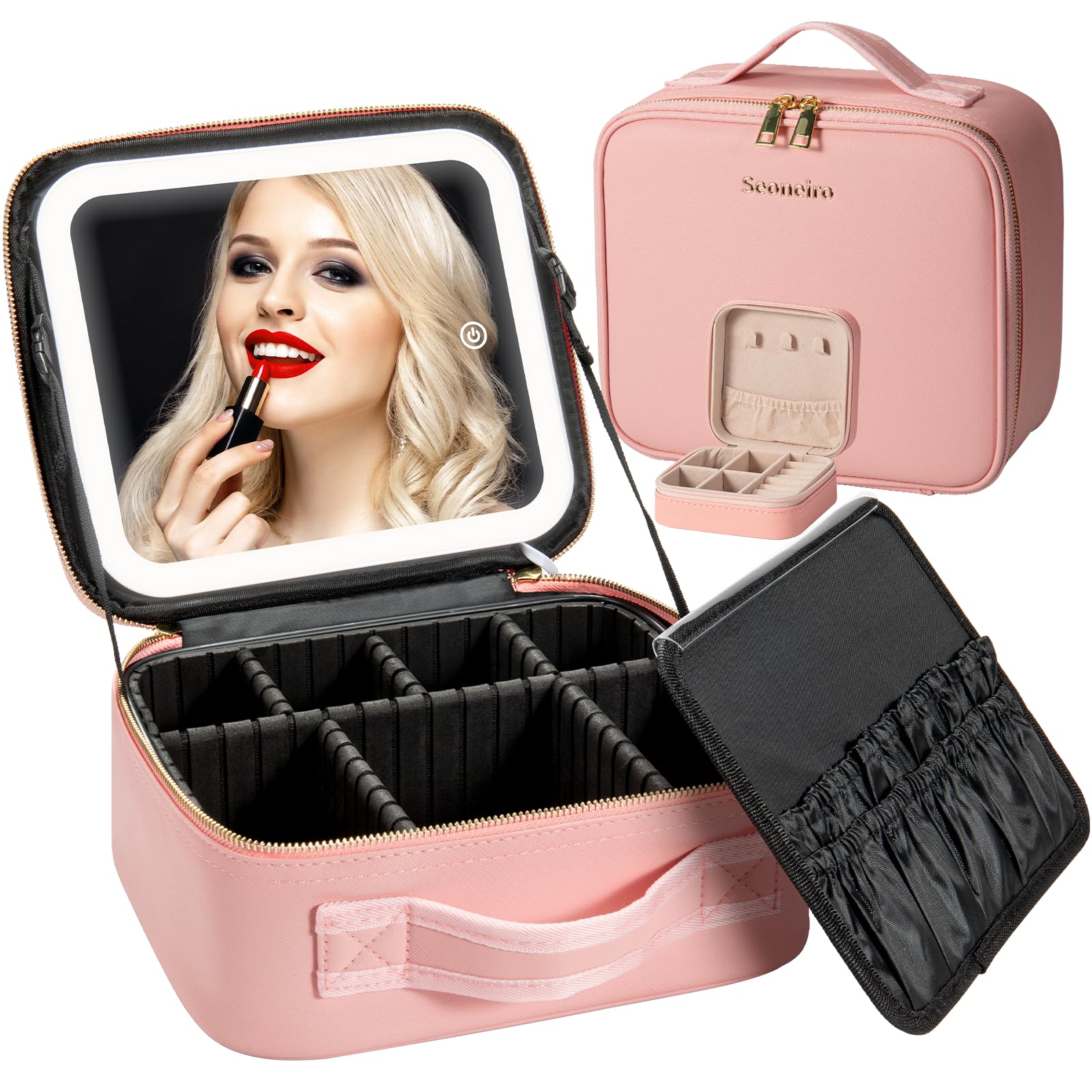 LED Lighted Makeup Travel Bag with Adjustable Brightness - Waterproof Portable Makeup Case with Adjustable Dividers & Brush Organizer - Perfect for Travel, Salon Professionals & Home Use
