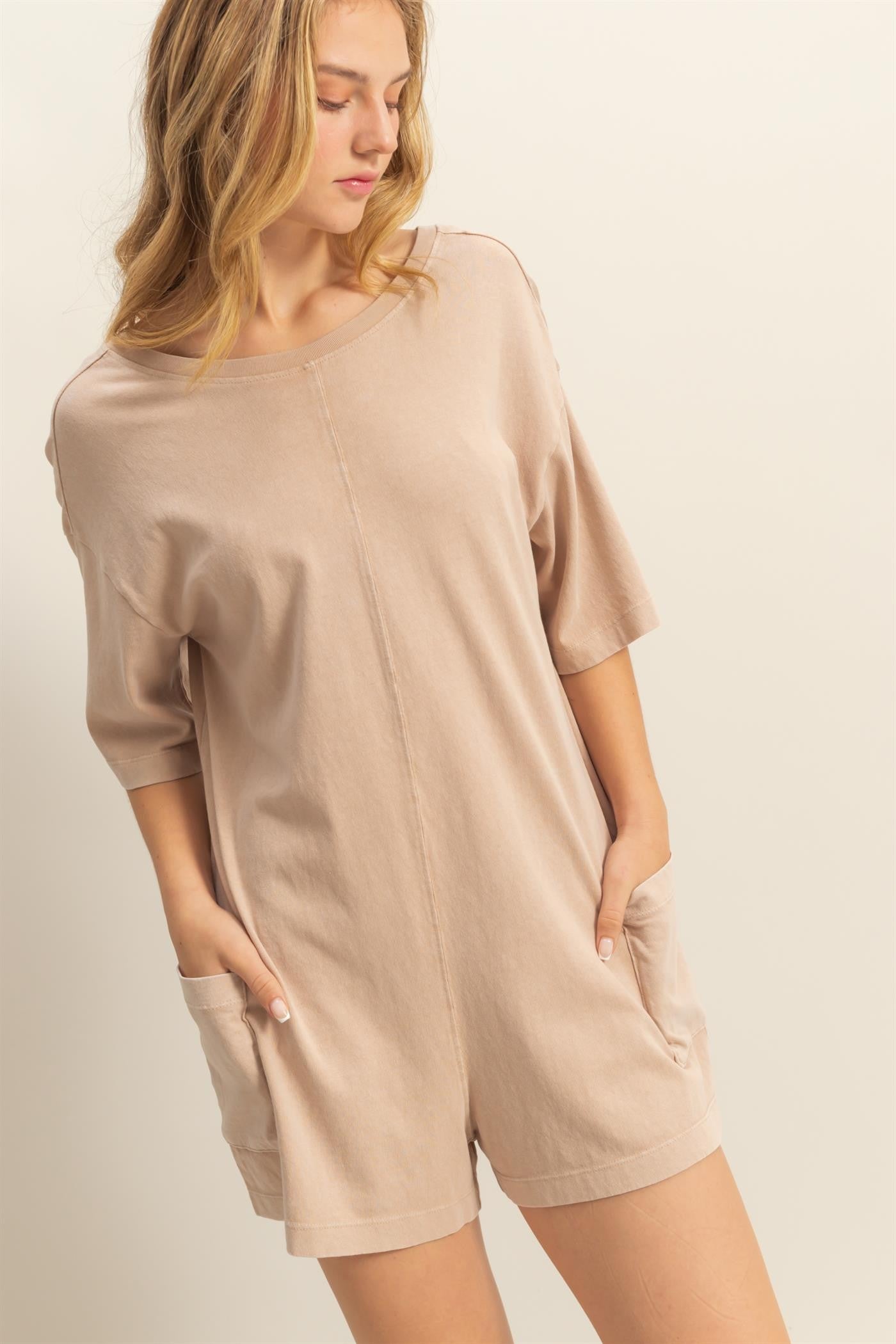Beige V-Neck Short Sleeve Romper with Pockets for Women - Casual Summer Outfit for Beach, Vacation & Outdoor Activities