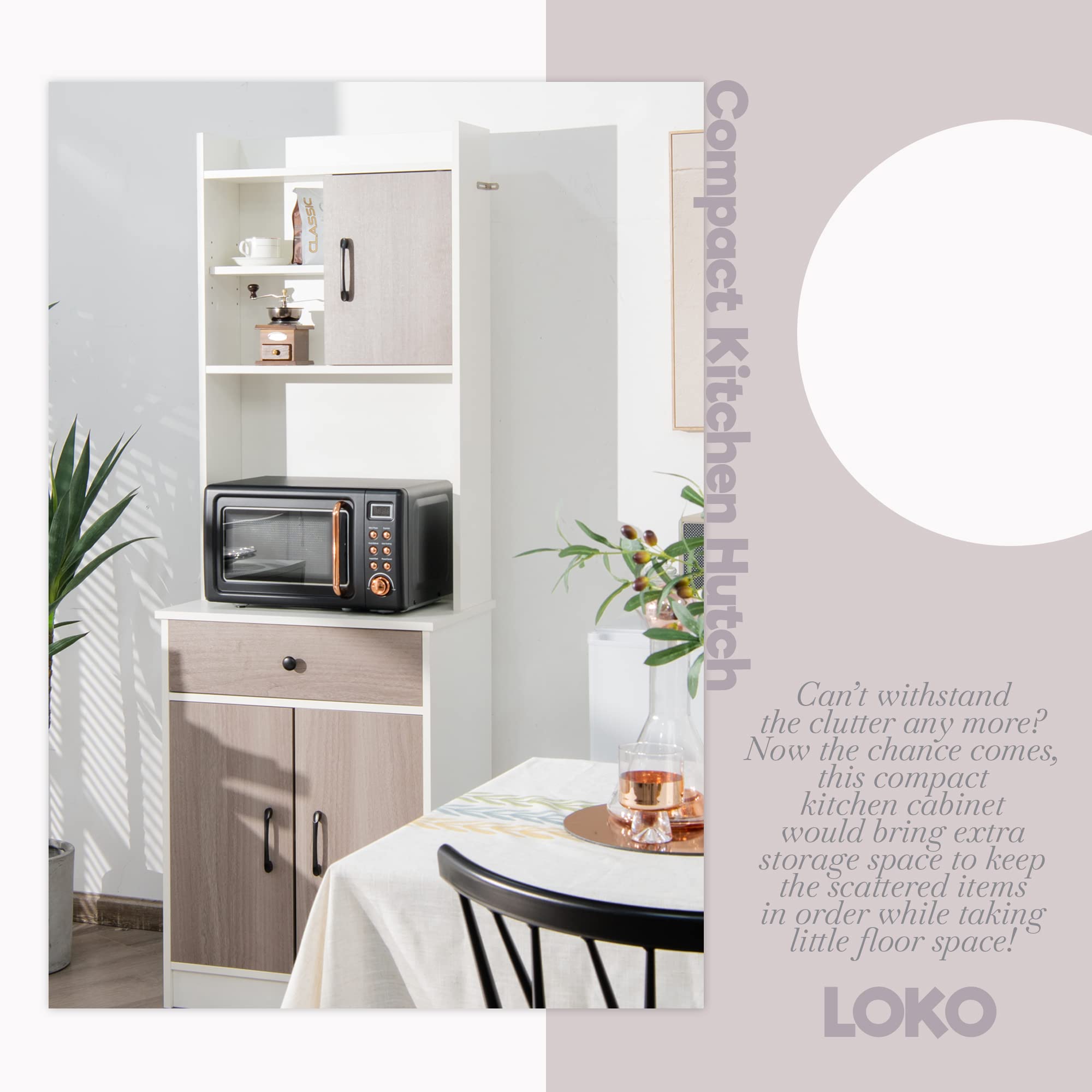 LOKO White Kitchen Pantry Storage Cabinet with Hutch, Doors & Shelves - Compact Microwave Stand & Drawers - 24