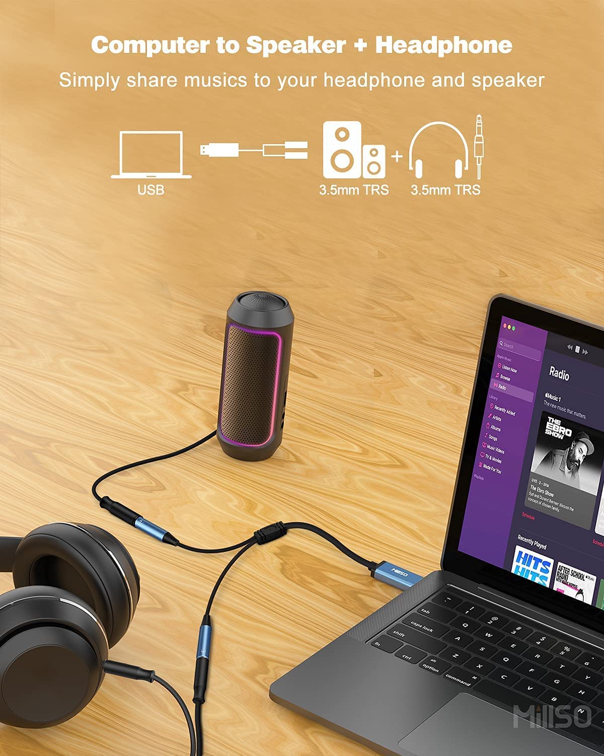 MillSO 3.5mm Headset Splitter Adapter - USB to Dual TRRS Audio Jack for 2 Headphones or Microphones, External Stereo Sound Card (Sapphire Blue) - Perfect for Gaming, Online Meetings & Music Sharing