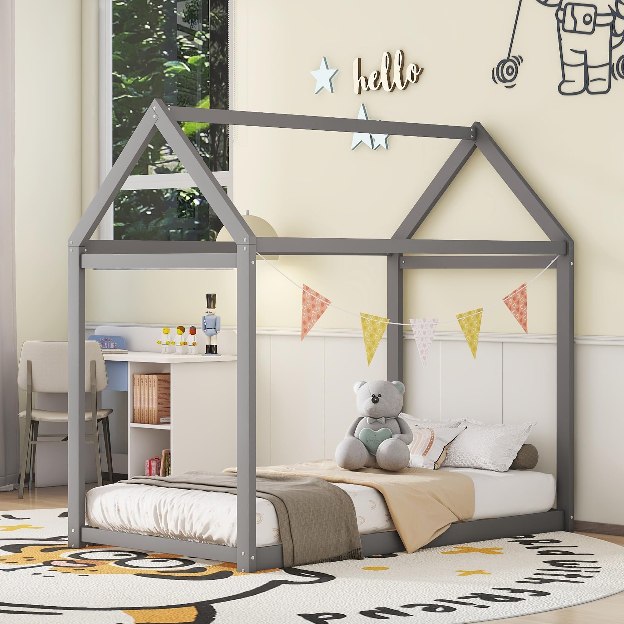 Montessori Twin House Floor Bed for Kids - Wooden Twin Bed Frame for Boys & Girls (Grey) - Perfect for Montessori Rooms, Playrooms & Small Bedrooms