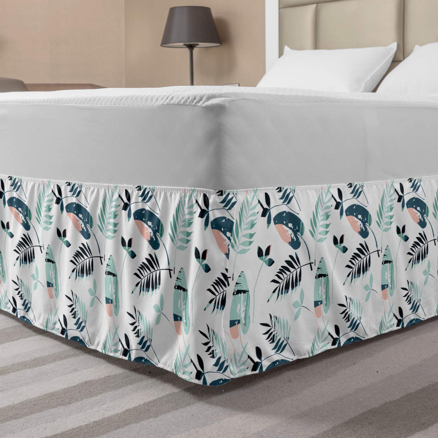 Ambesonne Floral Elastic Bed Skirt - Hand-Drawn Tropical Leaves Design, Wrap Around Dust Ruffle for King Size Beds | Perfect for Bedroom Decor & Guest Room Styling