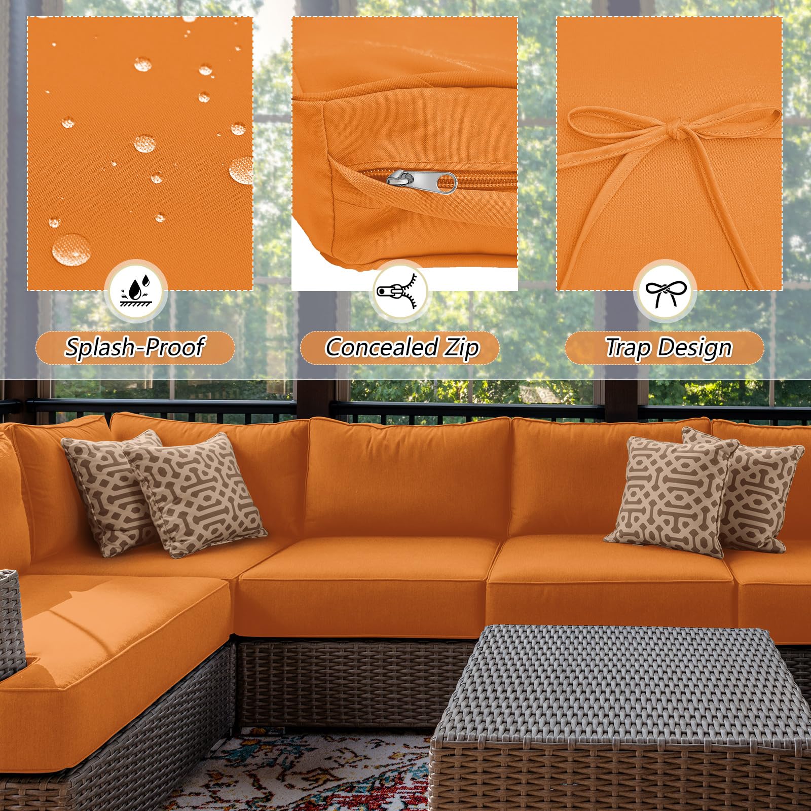 Patelai 11-Piece Outdoor Patio Cushion Slipcovers Set - Waterproof Replacement Covers for Sectional Sofa & Furniture (3 Sizes, Orange) - Perfect for Backyard, Deck, Poolside & Garden Lounge