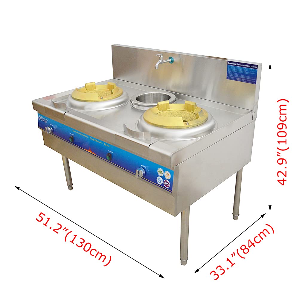 Commercial Double Burner Gas Stove - High Power Stainless Steel Chinese Wok Range with LPG & 110V - Perfect for Restaurant Kitchen, Food Truck & Outdoor Cooking