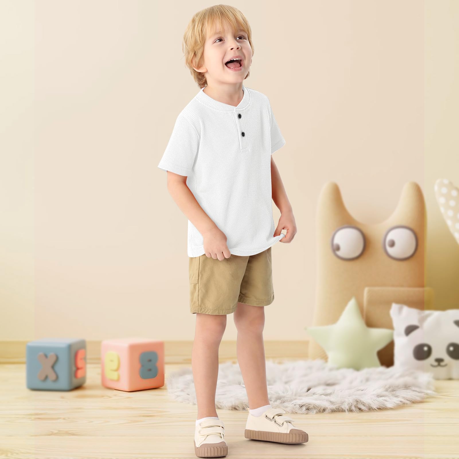 XMWEALTHY Baby Boys' 2-Pack Waffle Knit Short Sleeve Henley Shirts - Soft Cotton Toddler Tops for Playdates & Everyday Wear