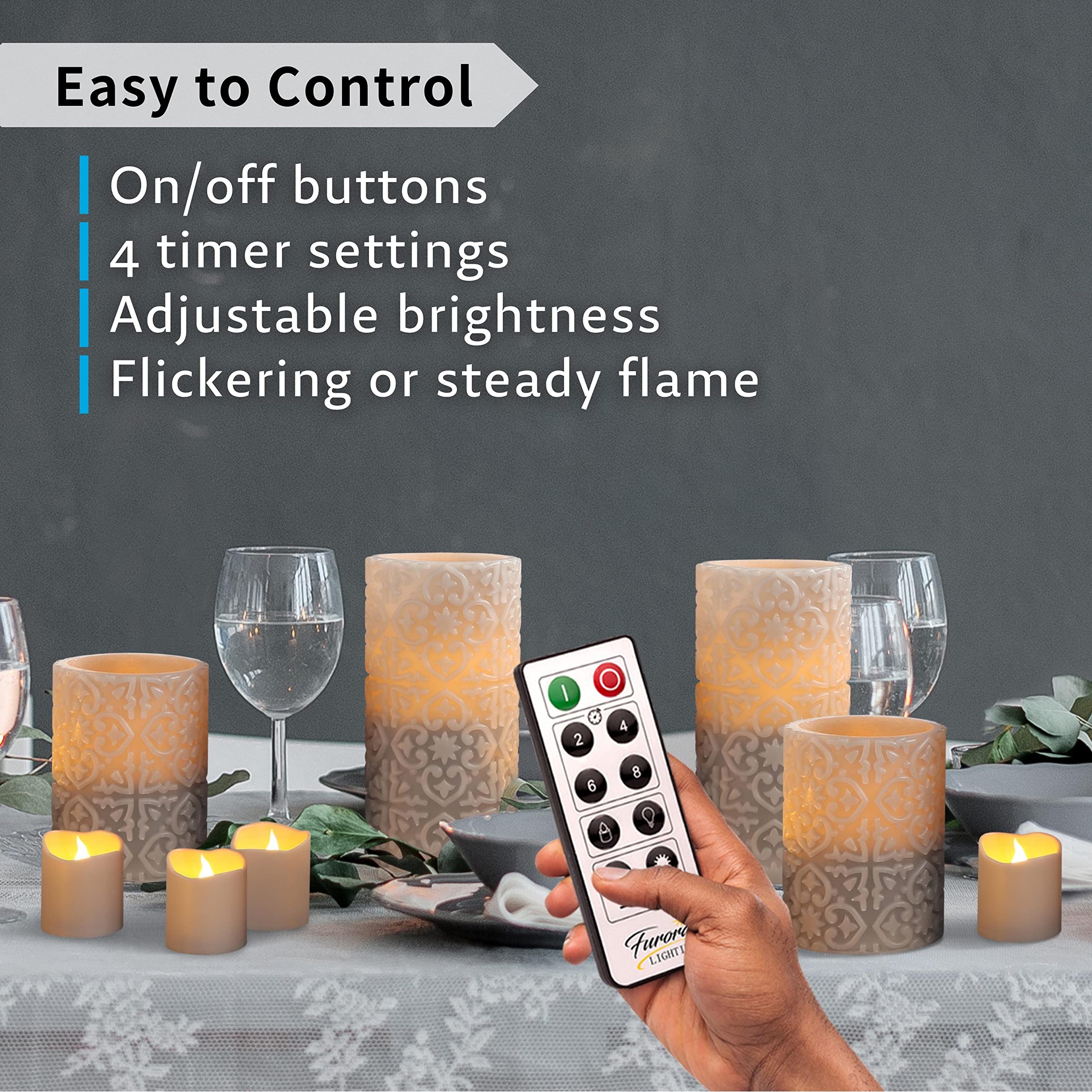 FURORA LIGHTING Grey Rome Real Wax LED Candles Set with Remote & Timer - 4 Pillar & 4 Votives (8-Pack) - Flameless Flickering Battery-Operated Candles for Home Decor, Wedding, Christmas, and Romantic Ambiance