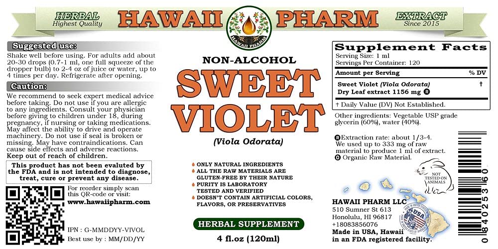 Sweet Violet Alcohol-Free Liquid Extract | Viola Odorata Dried Leaf Glycerite Herbal Supplement | 2x32 fl.oz | Natural Stress Relief & Sleep Aid | Made in USA by Hawaii Pharm | Perfect for Tea, Aromatherapy & DIY Skincare
