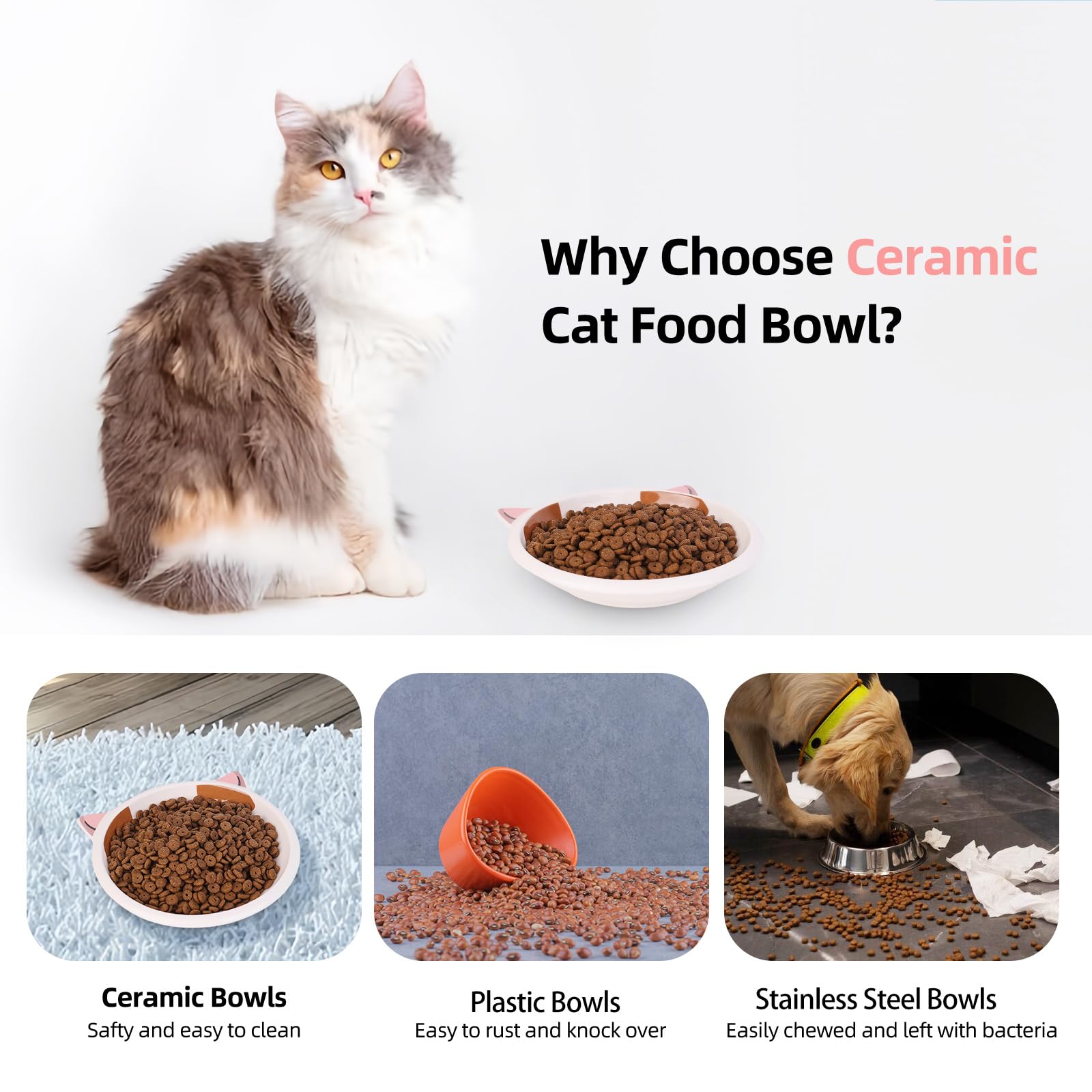 Premium Ceramic Cat Food & Water Bowl Set - 3-Piece Wide Shallow Dish for Dry/Wet Food - Anti-Whisker Fatigue Design with Non-Slip Base - Perfect for Indoor Cats, Kittens, Dogs & Puppies - Ideal for Stress-Free Feeding & Hydration Station at Home