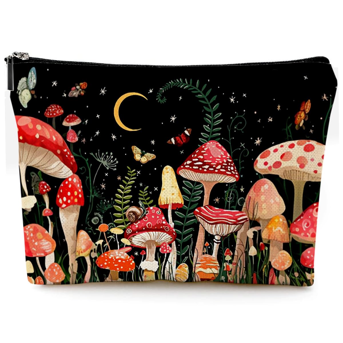 Cute Small Waterproof Canvas Makeup Bag for Women - Zipper Travel Cosmetic & Toiletry Pouch (Mushroom Design) - Perfect for Purse, Travel, Gym & Daily Essentials Organization