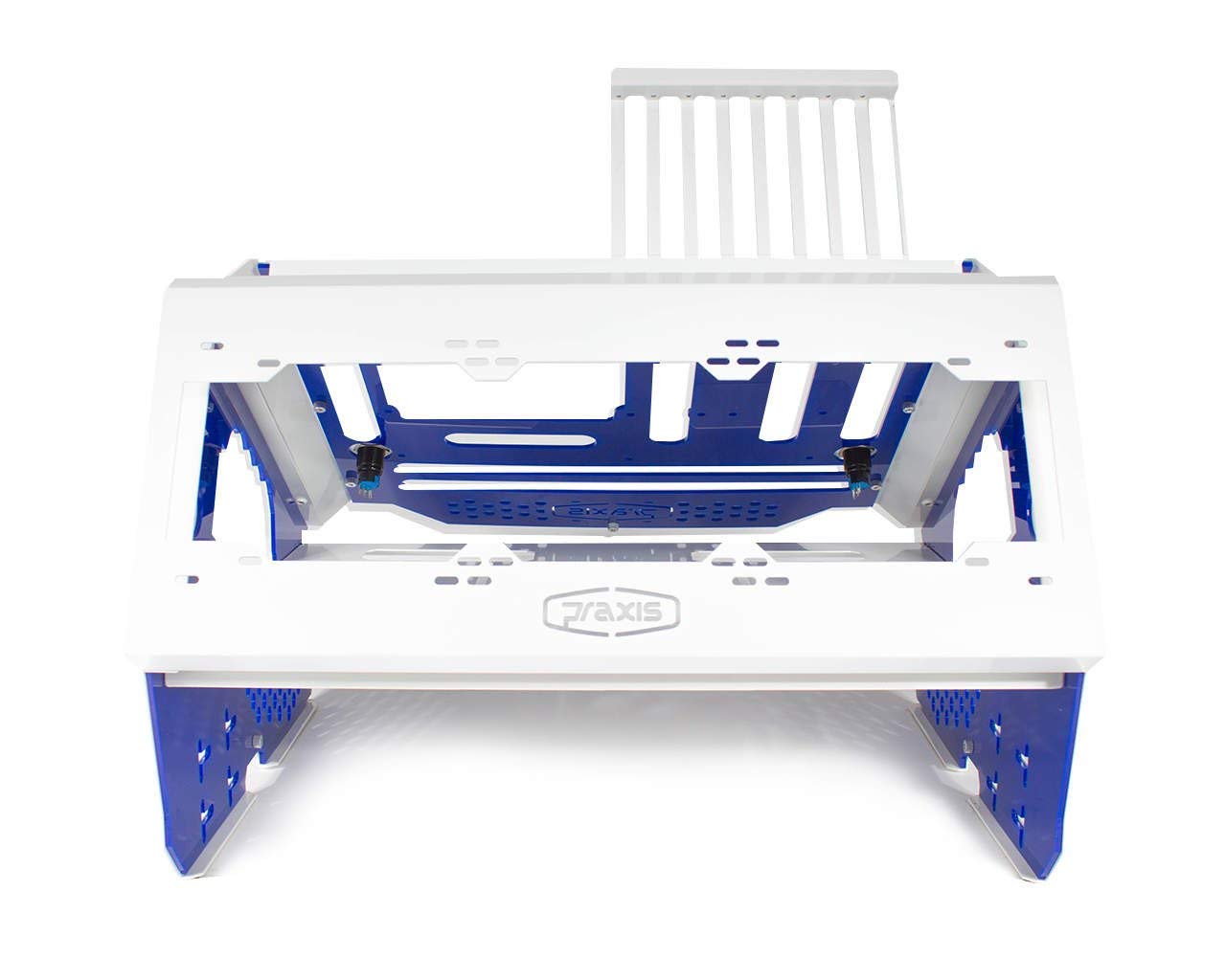 PrimoChill Praxis Wetbench - Powder Coated Steel Modular Open Air Computer Test Bench for Water Cooling & Air Cooling PC Builds - White with Blue Accents - Perfect for PC Builders, Tech Enthusiasts & Custom Rig Testing
