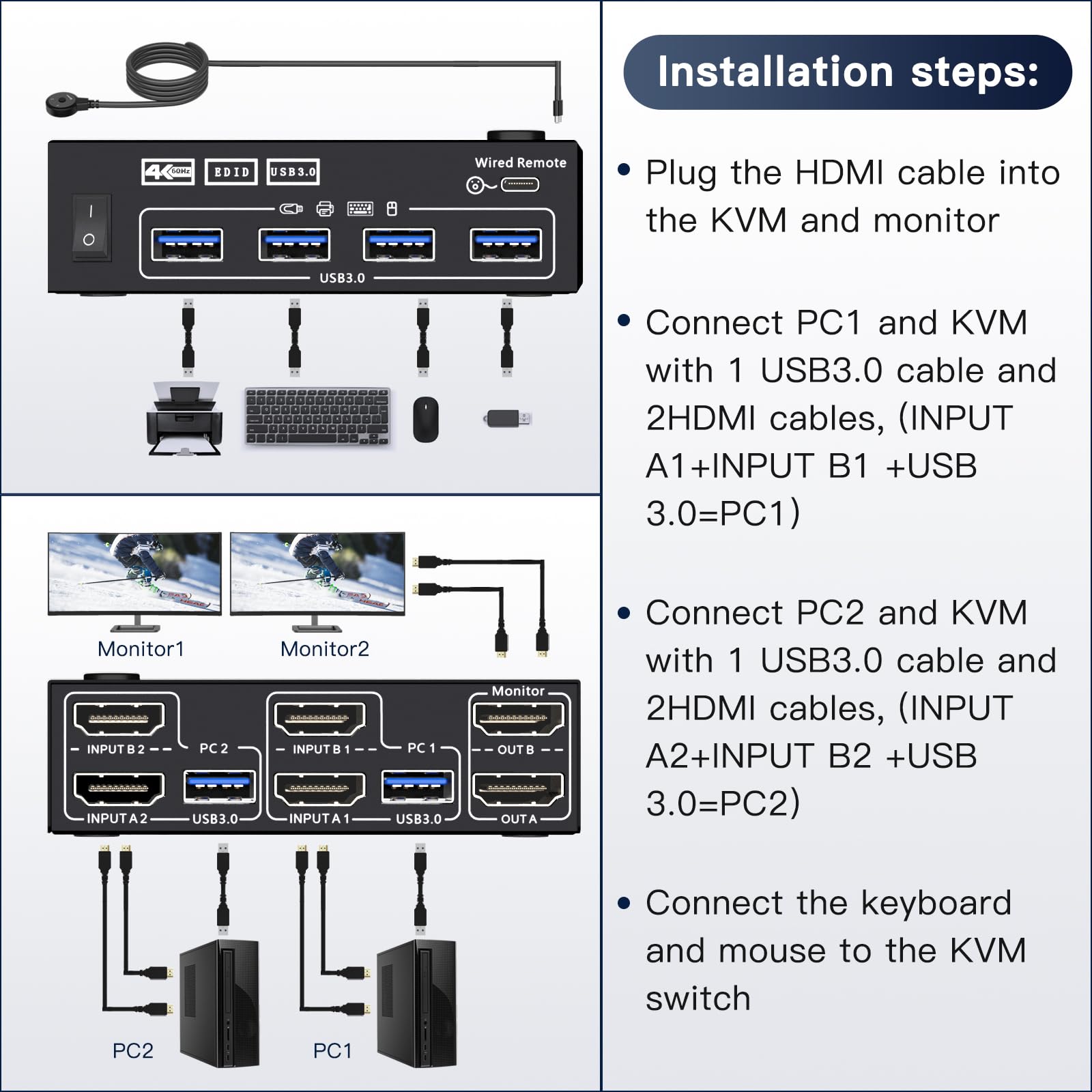 Glanhbnol 2-Port USB 3.0 KVM Switch - 2 Channel Metal KVM Switcher for Keyboard & Mouse Sharing with Seamless Performance | Ideal for Home Office, Gaming Setup & Multi-Computer Workstations