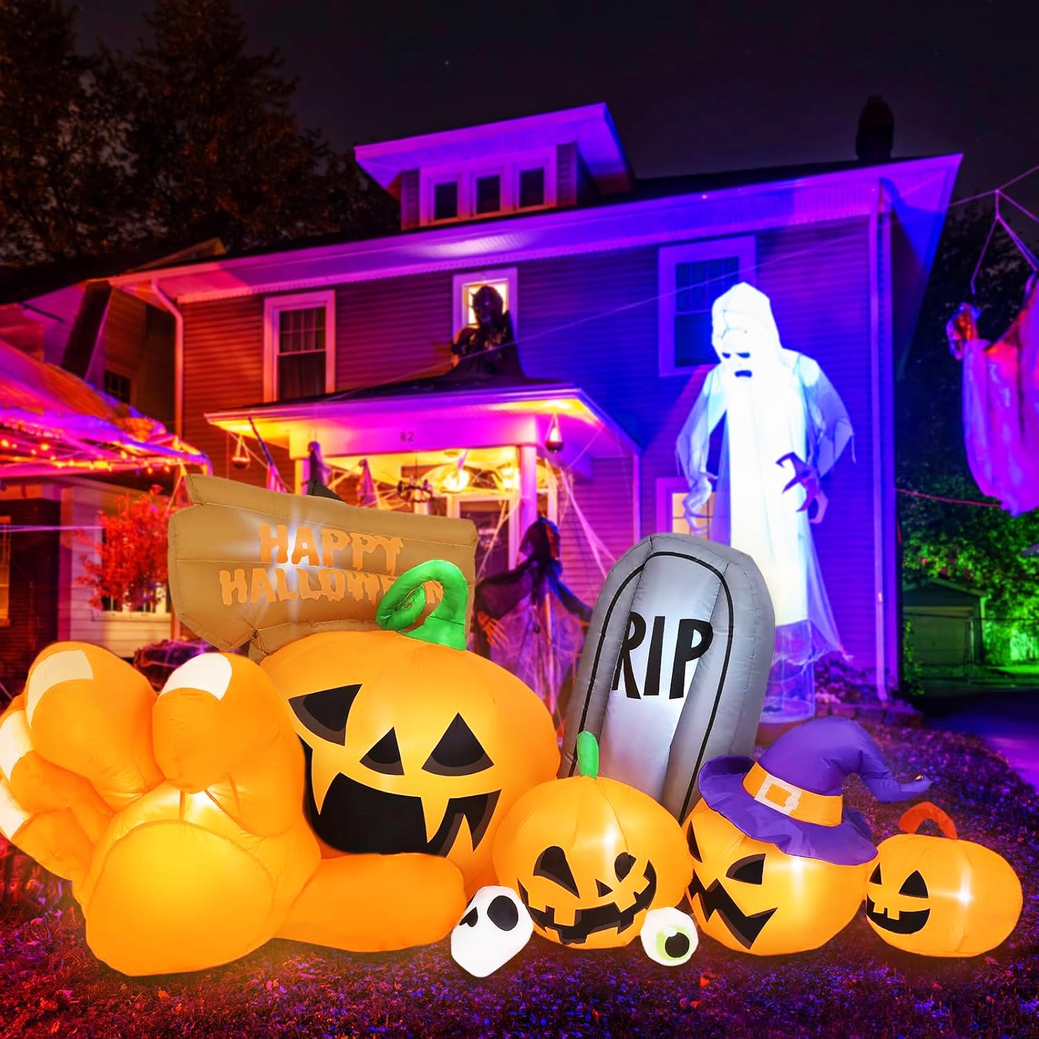 Garma 6.2 FT Halloween Inflatable Pumpkin Outdoor Decor with Built-in LED Lights, Gravestone & Witch Hat - Perfect for Halloween Party, Yard, Lawn, Garden, and Indoor Decorations | Spooky Holiday Atmosphere Creation