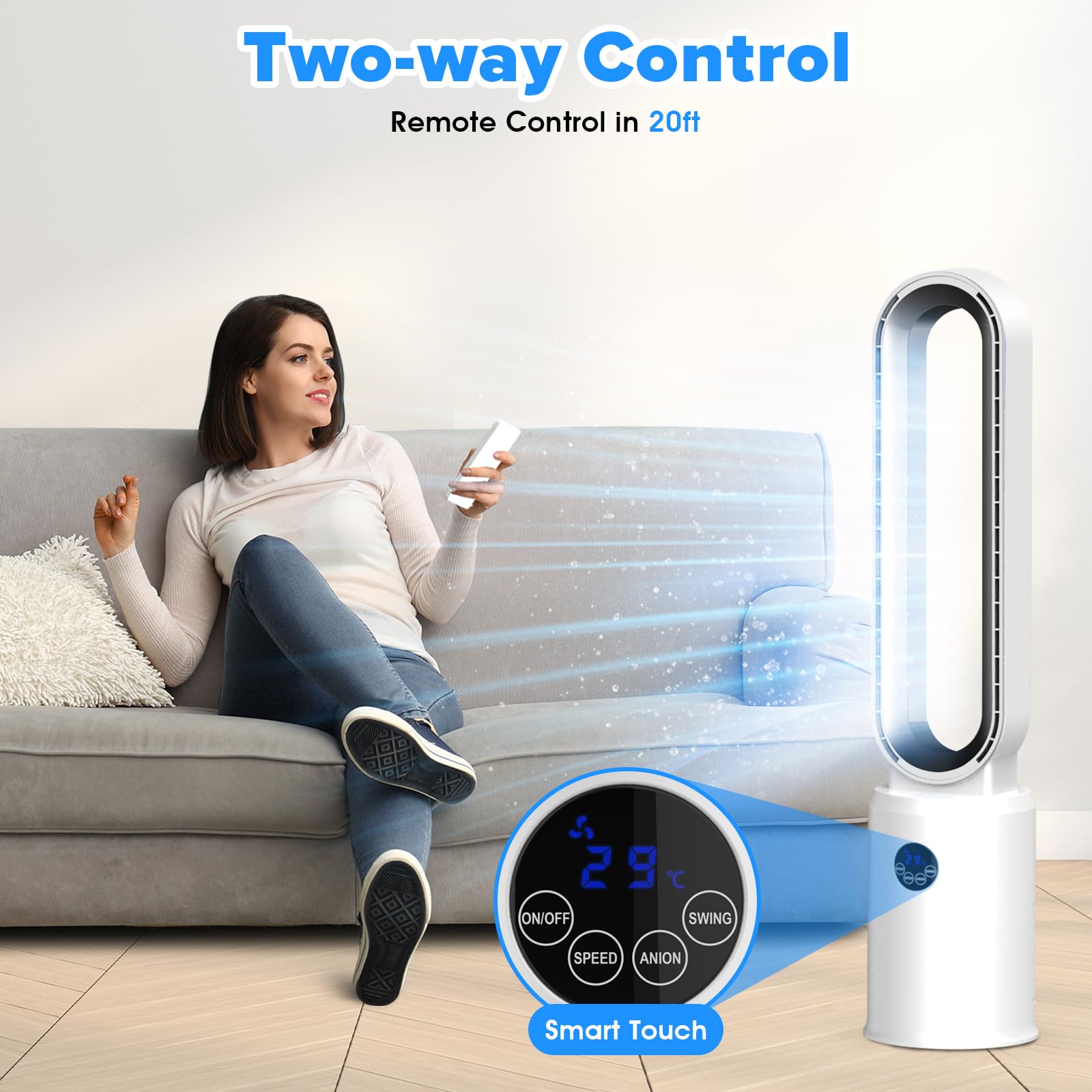 Bladeless Tower Fan with Remote Control - 24 Speed Settings, 12H Timer, Ultra Quiet Oscillating Air Circulator for Home, Bedroom & Office - Modern Silver Design | Perfect for Cooling, Air Circulation & White Noise Sleep Aid