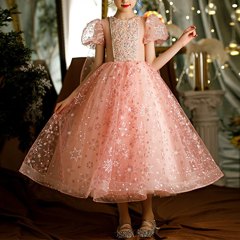 Sparkly A-Line Sequin Flower Girl Dress with Puff Sleeves - Elegant & Shiny Formal Gown for Weddings, Pageants, and Special Occasions