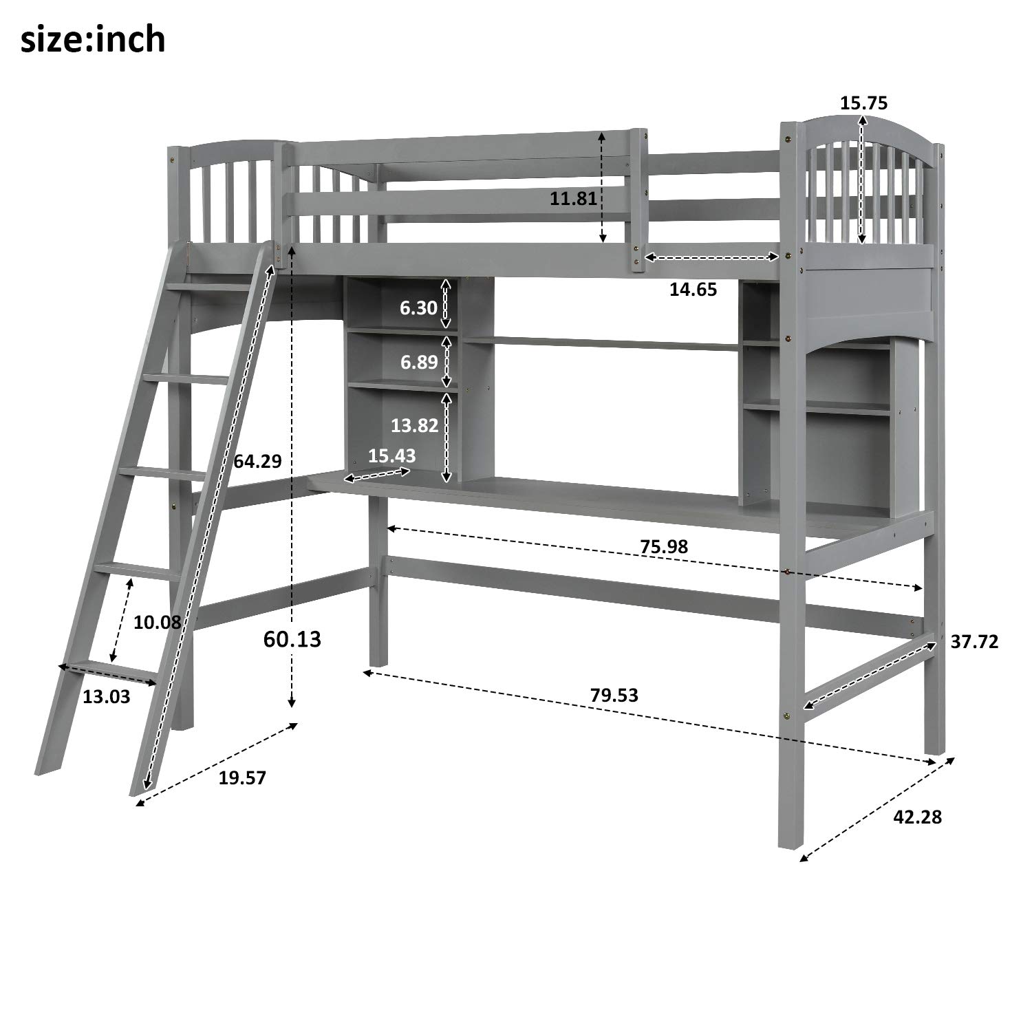Merax Twin Size Loft Bed with Desk and Shelves - Solid Wood Loft Bed Frame in Gray | Space-Saving Study & Sleep Solution for Small Bedrooms, Dorms & Kids Rooms