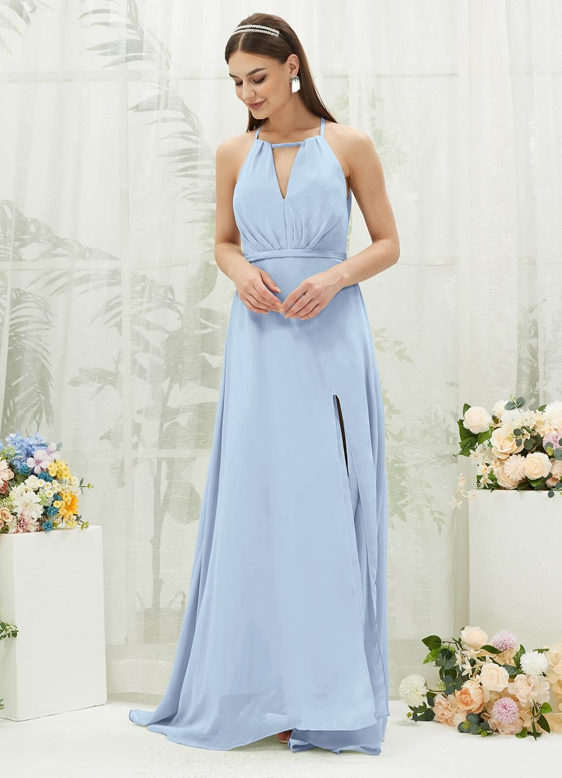 Cornflower Blue Chiffon Halter V-Neck Backless Maxi Bridesmaid Dress with High Slit - Elegant Formal Gown for Weddings, Prom & Evening Parties