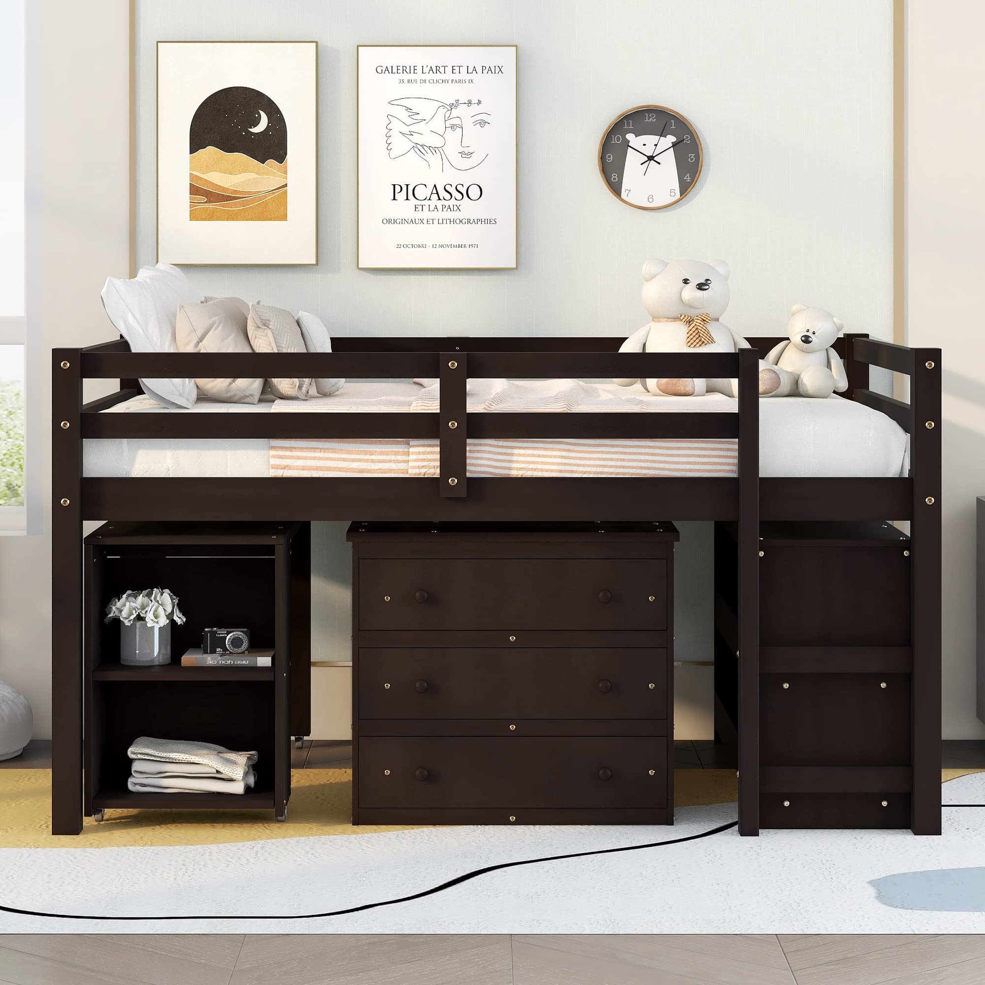 Full Loft Bed with Desk & Storage Drawers - Low Study Kids Loft Bed with Safety Guard Rails & Bookcase Shelf - Espresso Finish - Perfect for Small Bedrooms, Dorms & Kids' Rooms