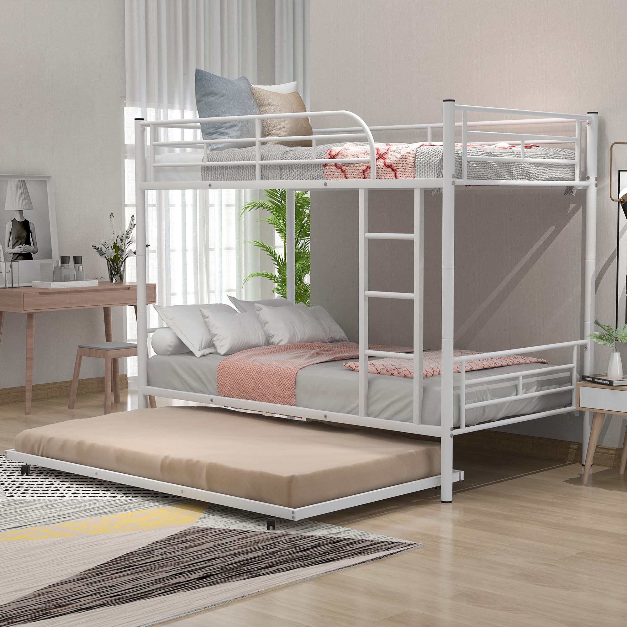 P PURLOVE Twin Over Twin Metal Bunk Bed with Trundle - Convertible to 2 Separate Beds - Sturdy Frame with Ladder - No Box Spring Required - White - Perfect for Kids' Bedroom, Guest Room & Space-Saving Solutions