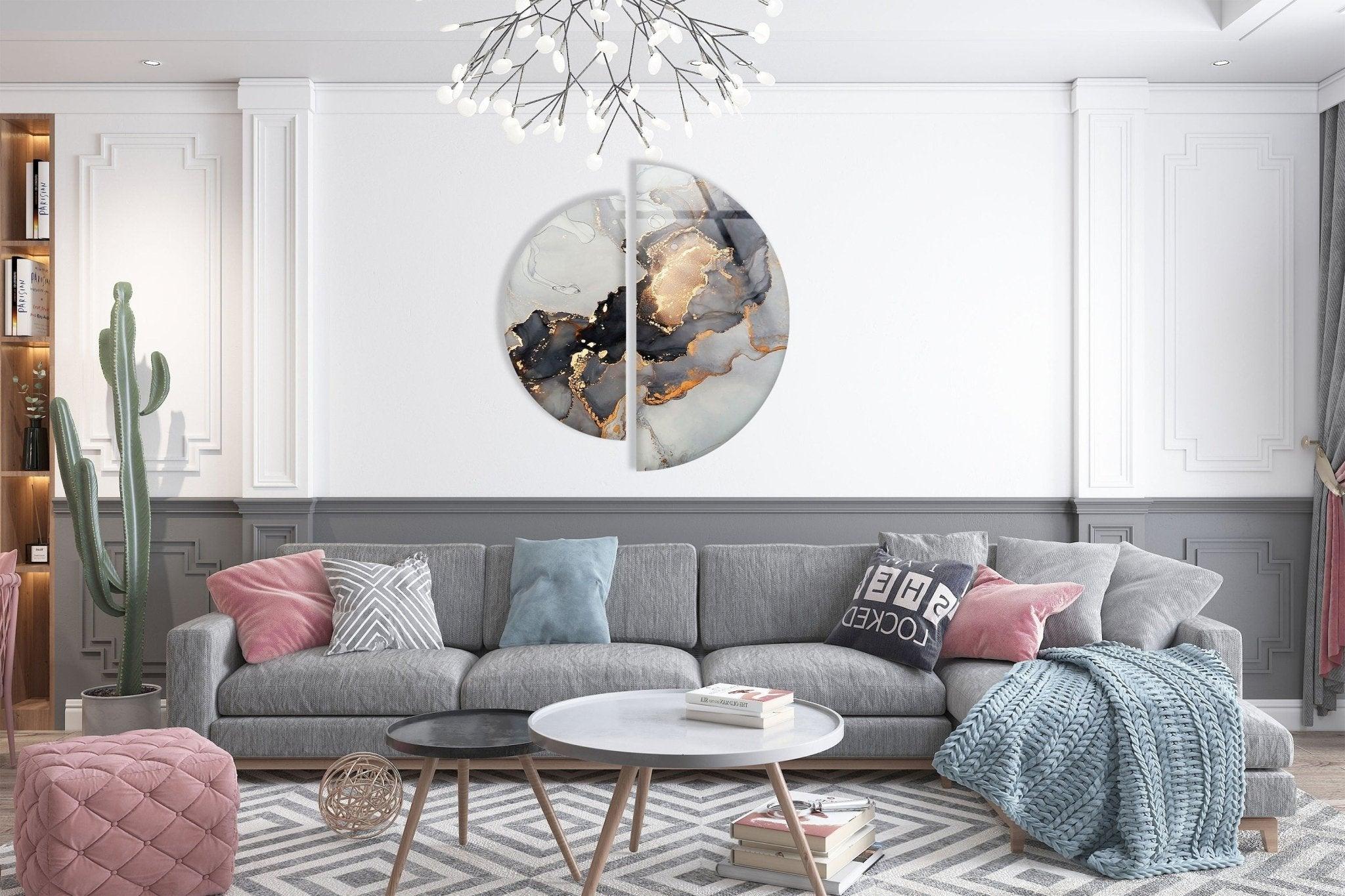 2 Piece Grey Golden Marble Glass Wall Art Set - Modern Abstract Home Decor for Living Room, Bedroom, Office - Shatterproof Tempered Glass Hanging Decor