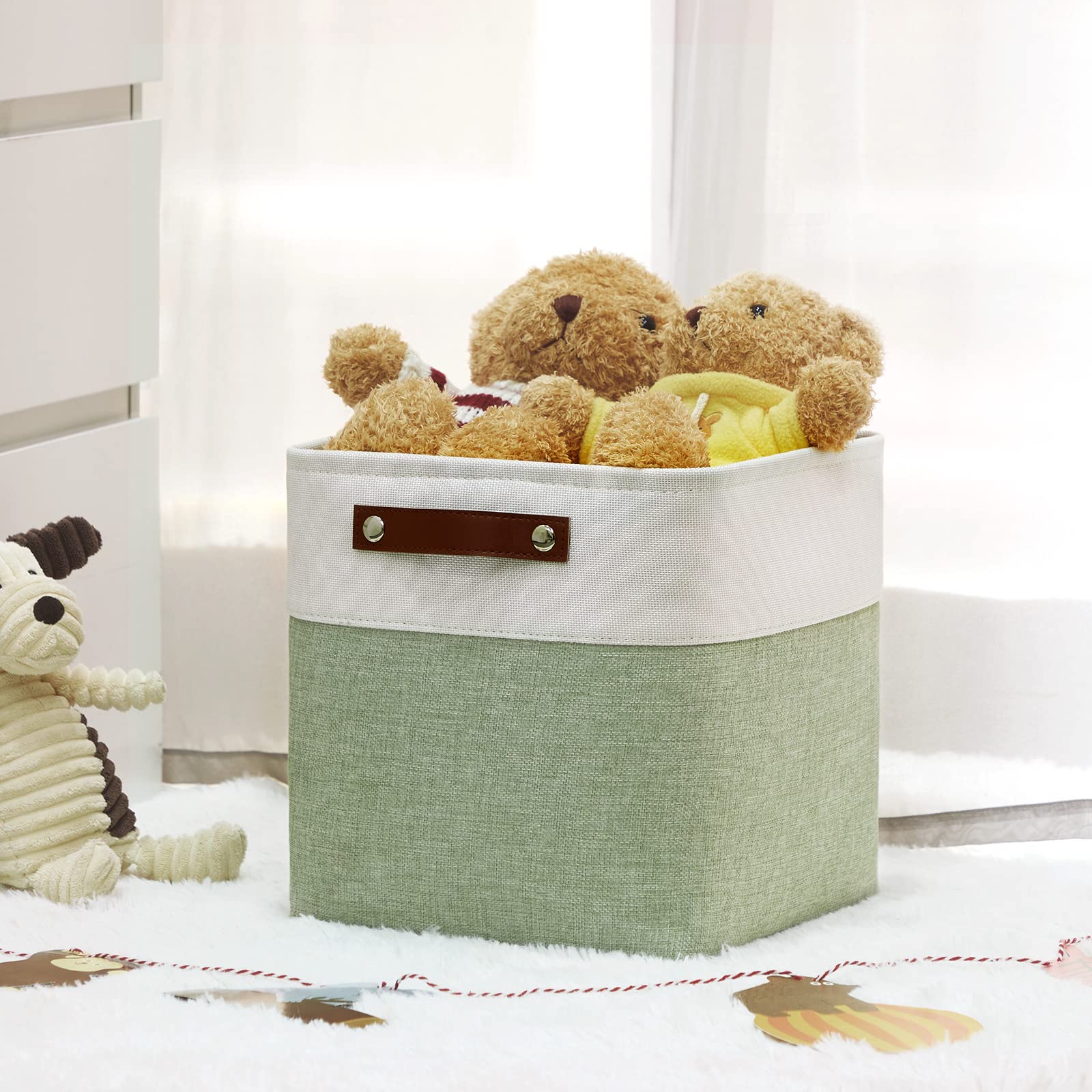 HNZIGE 11x11 Inch Fabric Cube Storage Bins - Set of 4 Foldable Organizer Baskets with Handles for Shelves, Closet, Nursery & Bedroom - Perfect for Home Organization, Toys & Clothes Storage (Green & White)
