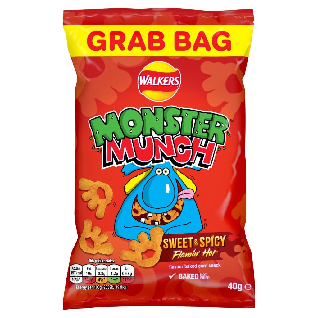 Monster Munch Flamin' Hot Sweet & Spicy Snacks - 40g (Pack of 30) | Crunchy Corn Puffs | Perfect for Parties, Movie Nights & On-the-Go Snacking | Packaging May Vary