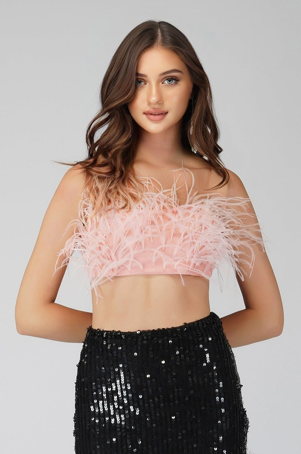 Xara Women's Pink Feather Trim Blouse - Elegant Party Top for Evening Events, Date Nights & Special Occasions