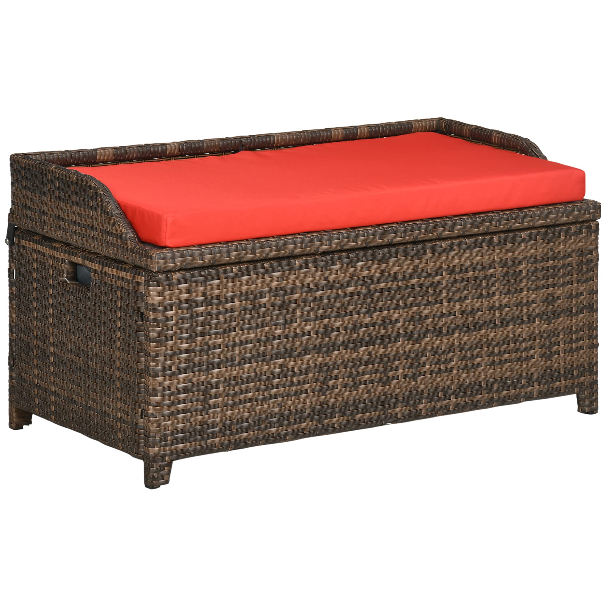 Outsunny 38 Gallon Outdoor Wicker Storage Bench Deck Box - Waterproof PE Rattan Patio Furniture with Cushion & Storage Bag - Perfect for Poolside, Garden, Deck, and Backyard Organization (Red)
