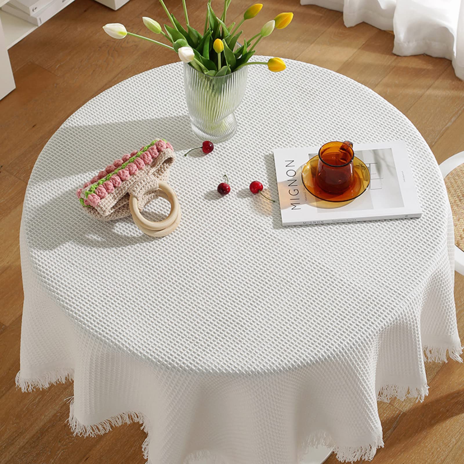 LIUJIU Polyester Tassel Tablecloth - 90x90cm White Plaid Decorative Fabric Table Cover - Elegant Kitchen & Dining Room Decor for Home, Parties & Special Occasions