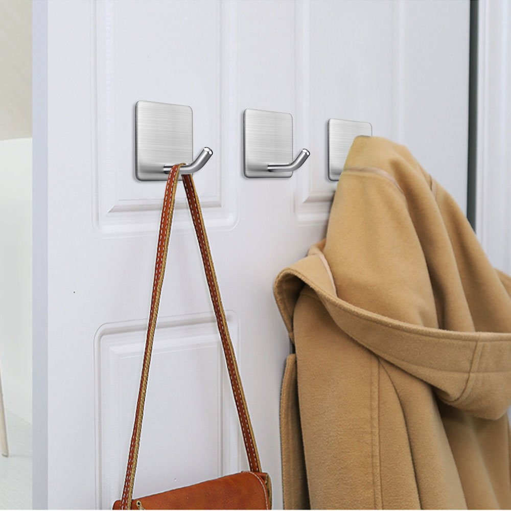 Heavy Duty Stainless Steel Adhesive Towel Hooks - 4 Pack Waterproof Wall Mount Hooks for Bathroom, Shower, Bedroom - Perfect for Hanging Towels, Robes, Coats, Hats - Strong Stick-On Design No Drilling Needed