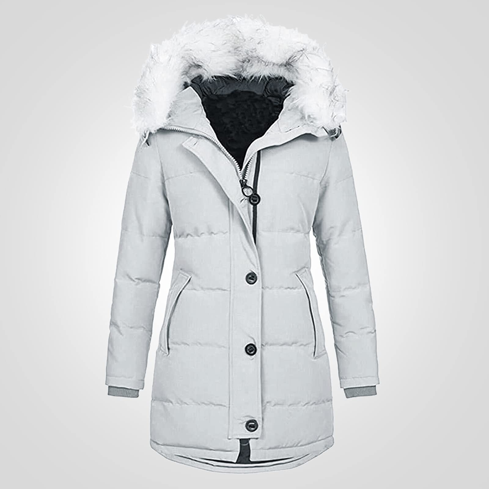 Women's Fashion Faux Fur Hooded Winter Coat with Drawstring - Fleece Lined Warm Padded Jacket with Slim Fit Zipper for Casual Outwear & Cold Weather Protection