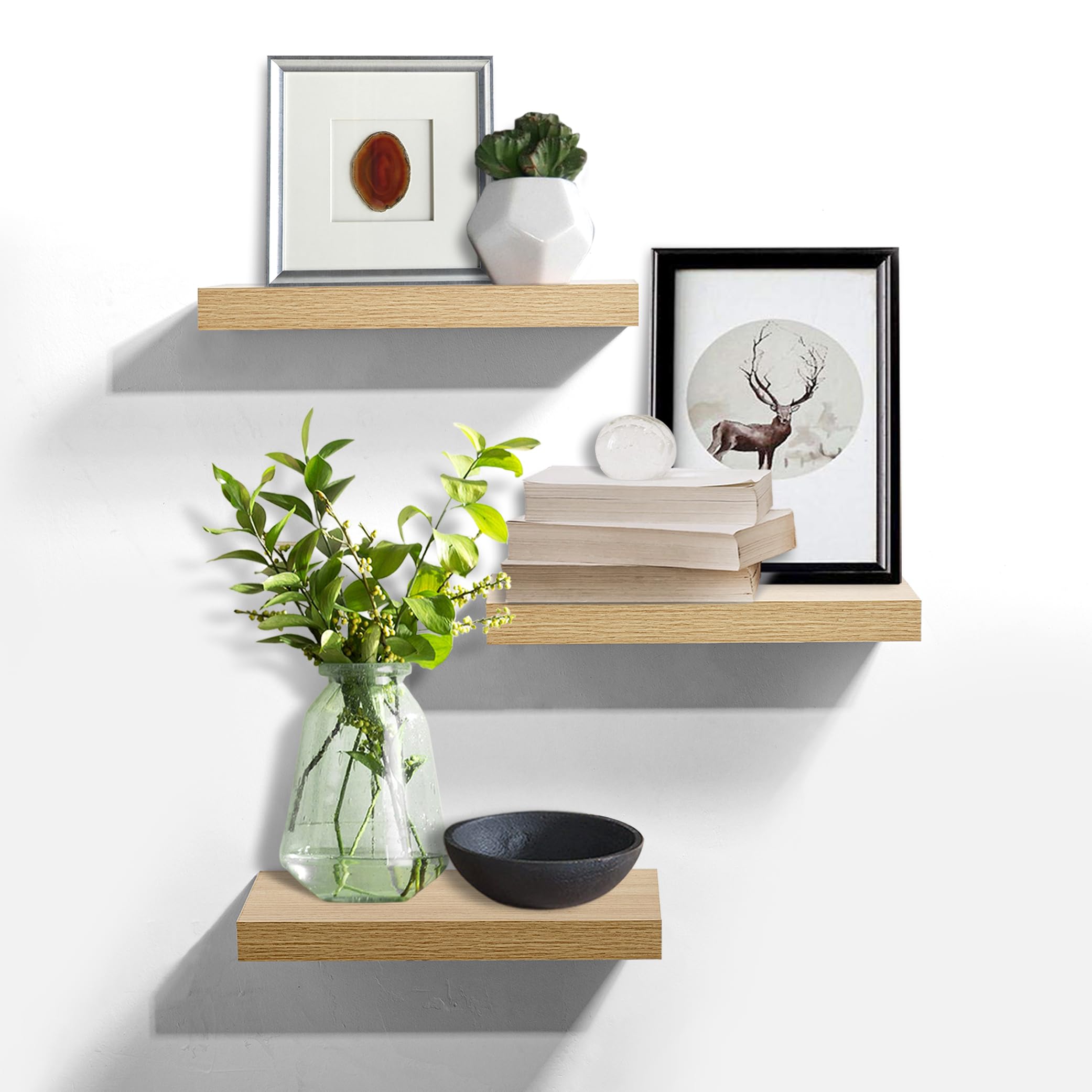 AHDECOR Floating Shelves Set of 3 - Rustic Wooden Wall Mounted Shelves for Home Decor | Bedroom, Living Room, Kitchen & Office Storage | Easy to Install & Sturdy Design | Perfect for Displaying Books, Plants & Decorative Items