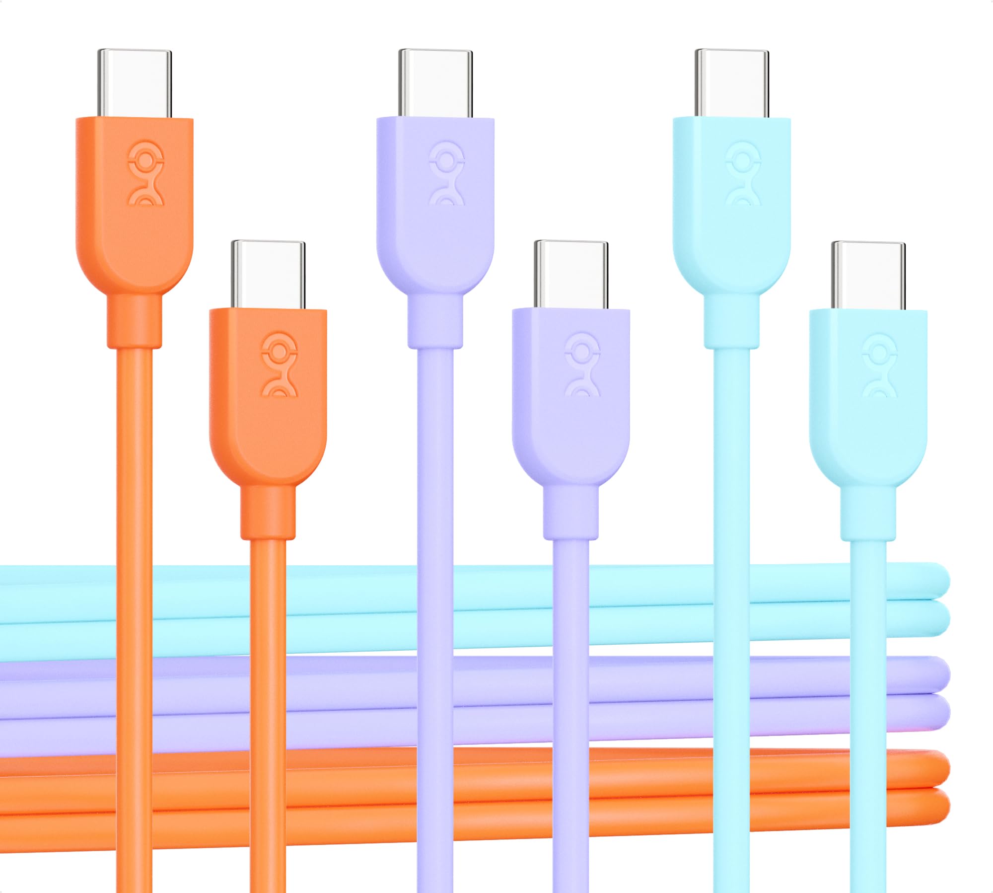 Cable Matters 3-Pack 6ft USB C Charging Cable - Extreme Flexible, 60W Fast Charging & 480Mbps Data Transfer - Compatible with iPhone 16/15, Galaxy S24, iPad Pro, Apple CarPlay & Android Auto (Orange, Blue, Purple) - Perfect for Home, Office & Car Charging