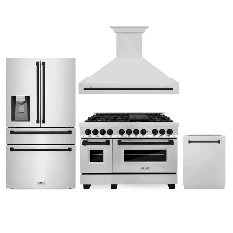 ZLINE Autograph Edition 48-inch Stainless Steel Dual Fuel Range Kitchen Package with Range Hood, Dishwasher & Refrigerator - Matte Black Accents & External Water Dispenser (4AKPR RARHDWM48 MB) | Premium Kitchen Appliances for Modern Homes & Professional Chefs