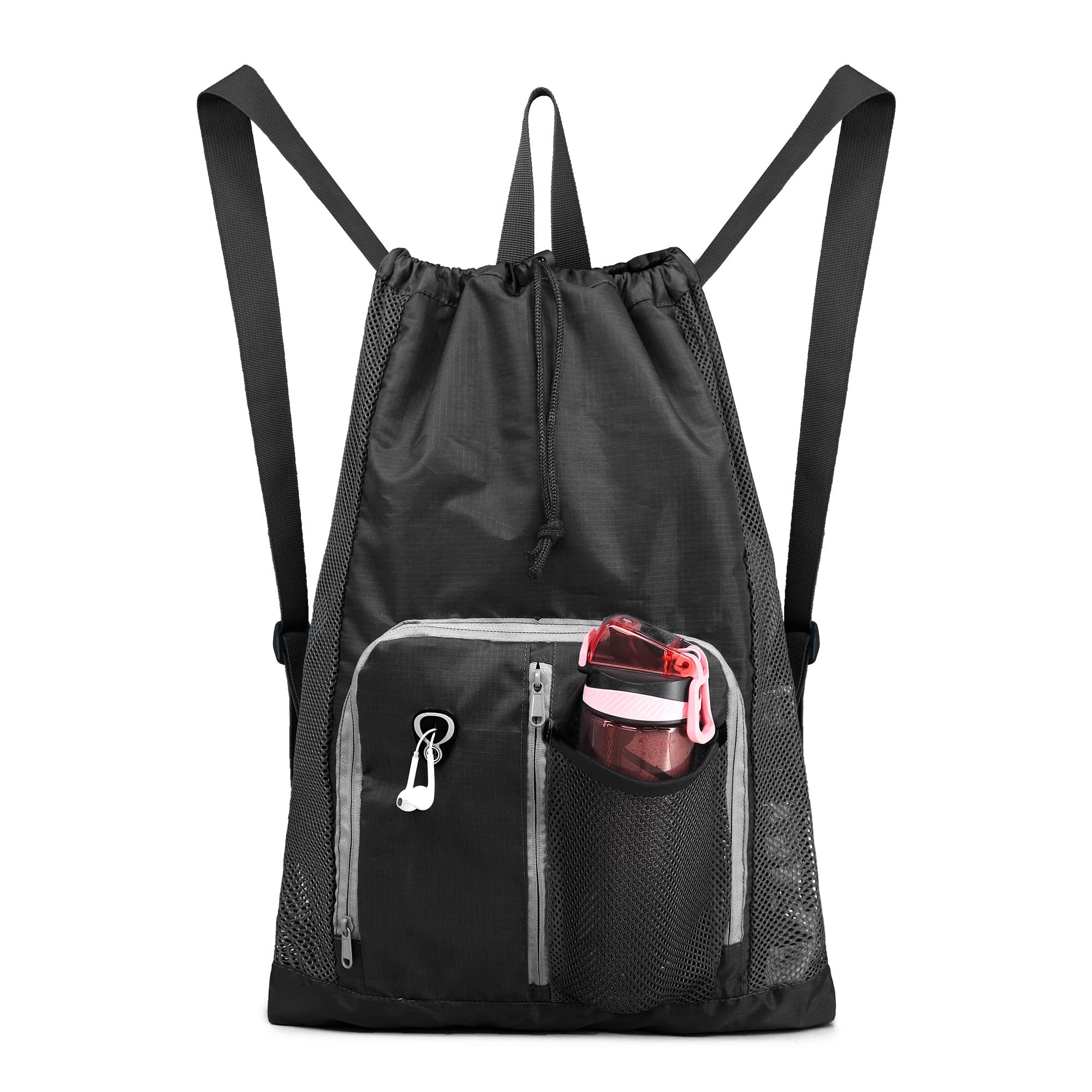 BeeGreen Small Drawstring Backpack - Lightweight Sports Gym Bag for Men & Women - Perfect for Workout, Swimming, Pool & Beach - Durable Dark Black Backpack for Active Lifestyles