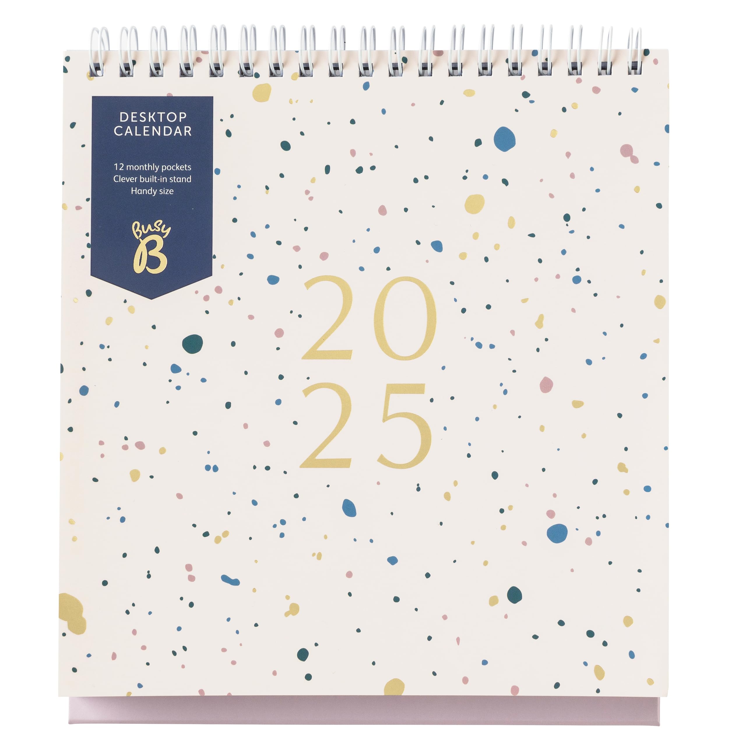 Busy B 2025 Desk Calendar - January to December Monthly Planner with Built-in Stand, Flip-Top Binding & Storage Pockets | A5 Pink Spray Design Office & Home Planner | Perfect for Work Schedules, Bill Tracking & Gift Giving
