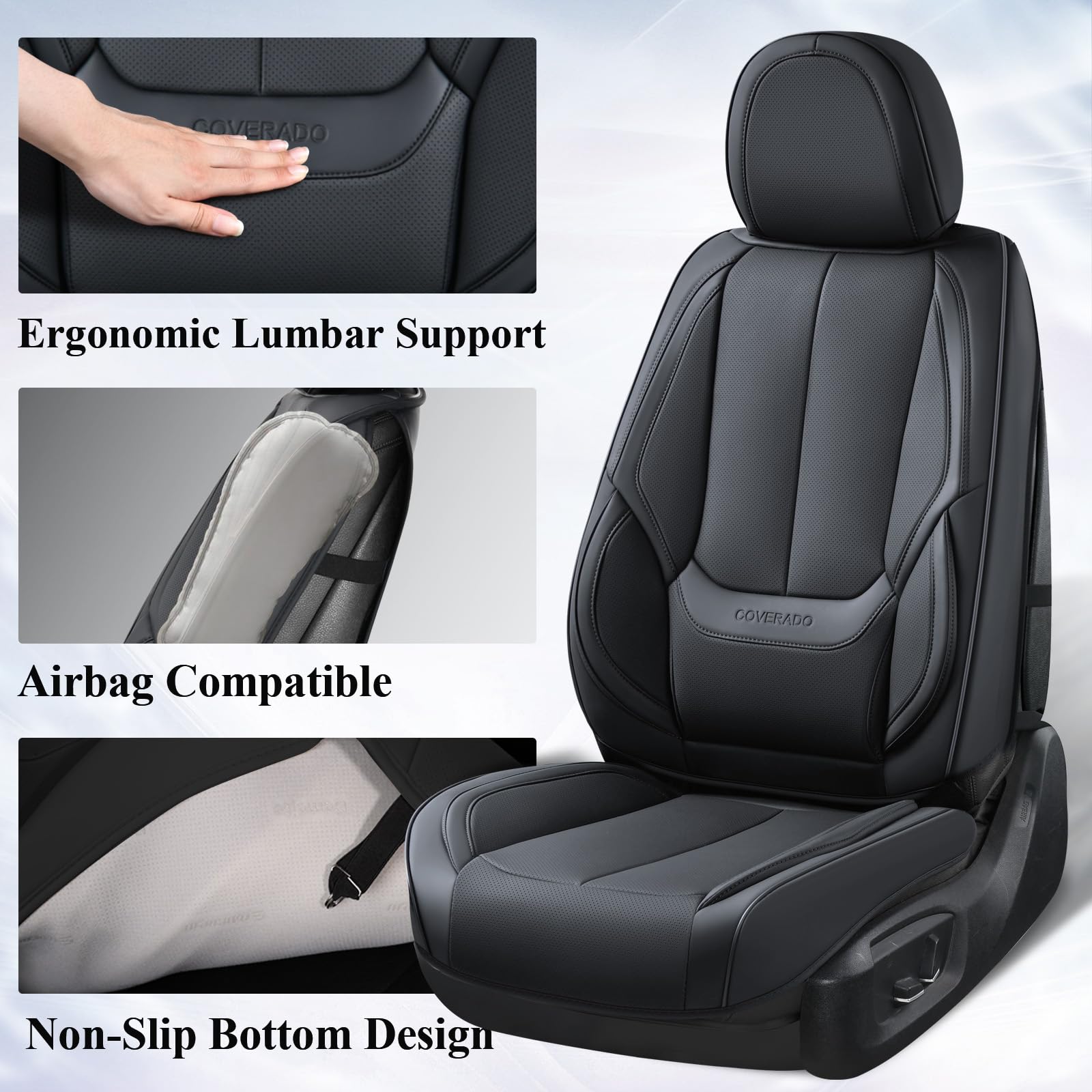 Coverado Universal Front Seat Covers - 2-Piece Waterproof Nappa Leather Car Seat Protectors for Sedans, SUVs & Trucks | Black Auto Accessories for Comfort & Style | Perfect for Daily Commute, Road Trips & Work Vehicles