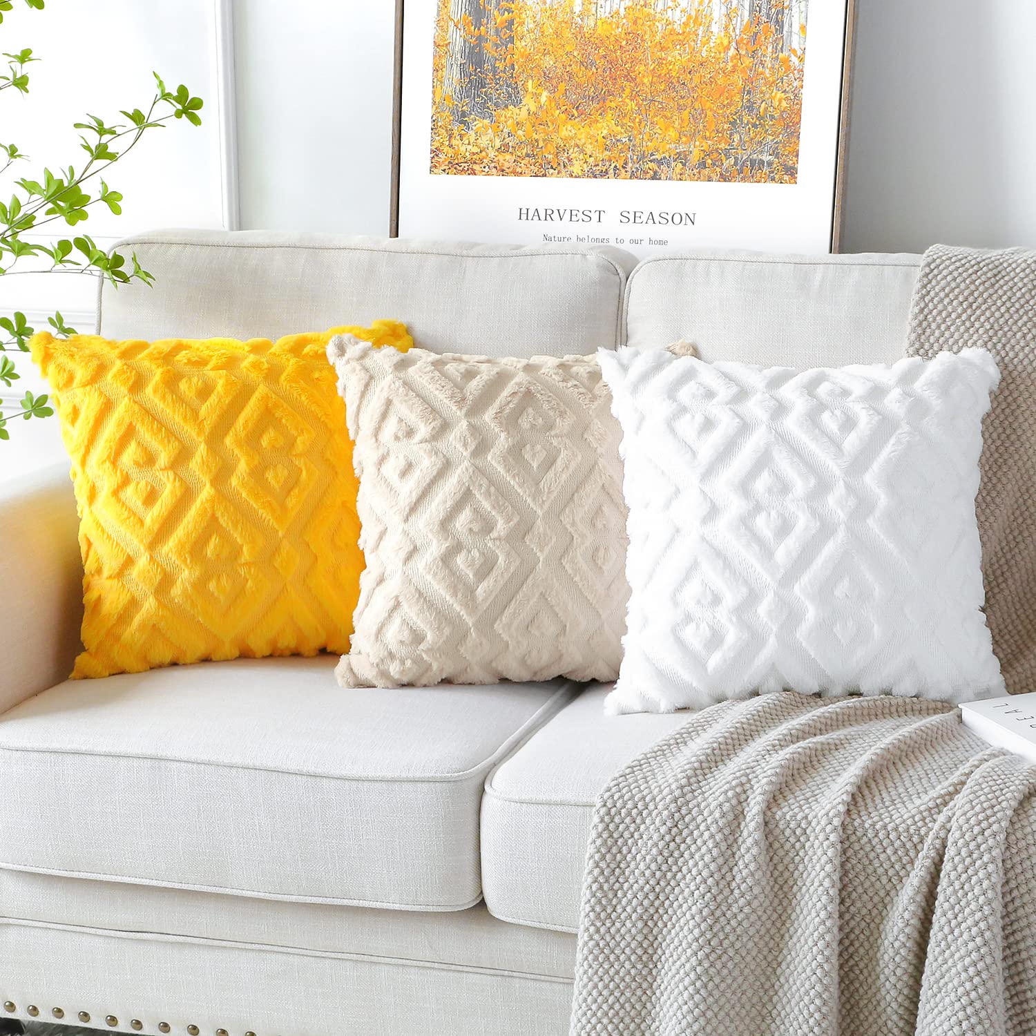 Artscope 2-Pack Soft Plush Short Wool Velvet Decorative Throw Pillow Covers - Luxury European Style Cushion Covers for Sofa & Bedroom - Diamond Shape Pure White 22x22 Inch - Perfect for Home Decor, Living Room Accent & Cozy Bedroom Styling