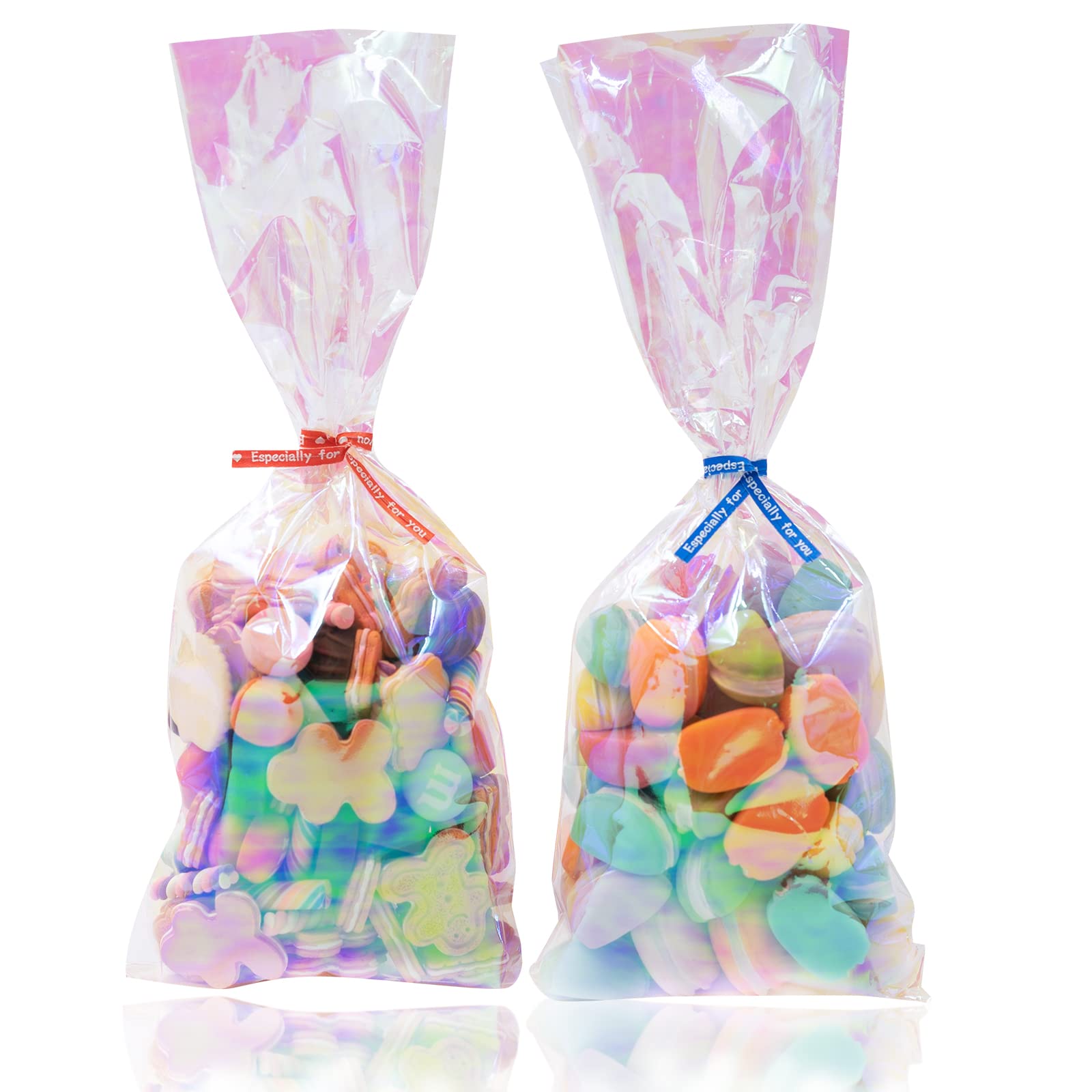 Easter Cellophane Treat Bags - Iridescent Holographic Candy Goodie Bags with 5 Colors Twist Ties for Party Favors, Easter, Weddings, Christmas, Valentine's Day | Perfect for Birthday Parties, Holiday Gifts & Candy Packaging
