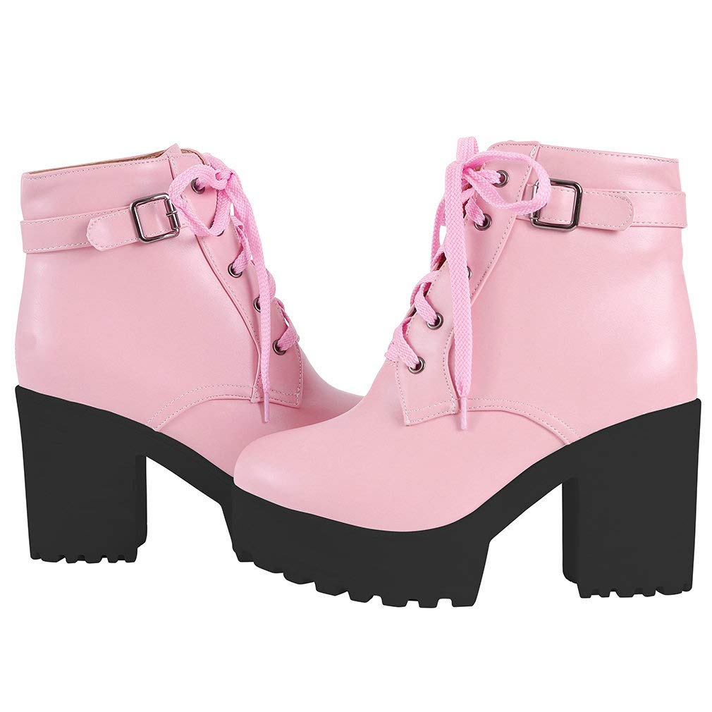Parisuit Women's Chunky Lace Up Booties - Platform High Heel Ankle Boots for Autumn & Winter | Fashion Shoes for Women | Perfect for Office, Party & Night Out