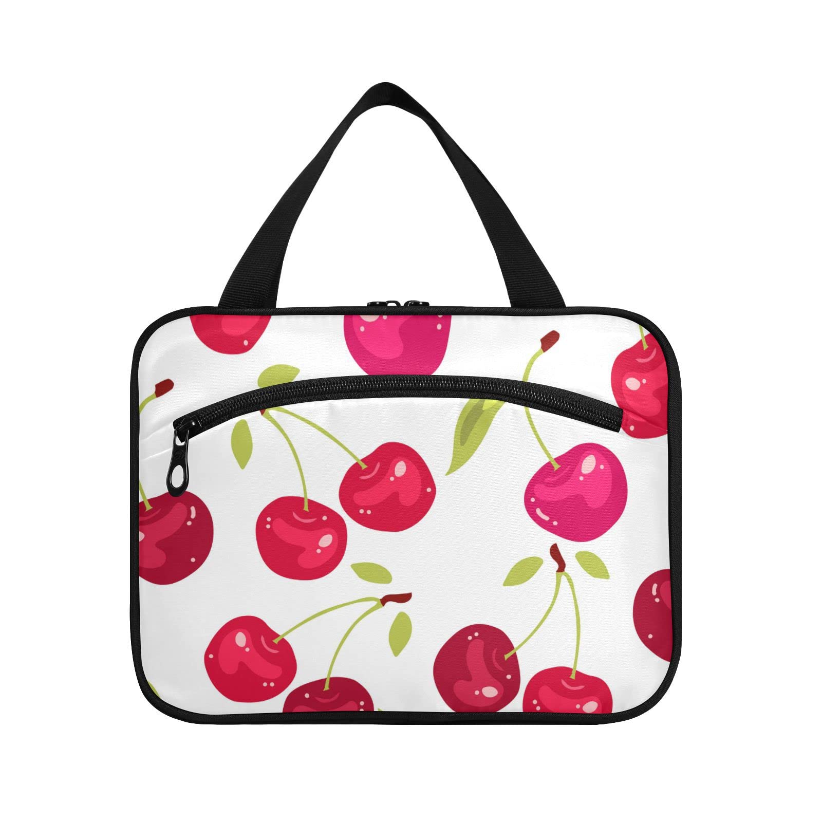 Waterproof Hanging Toiletry Bag with Hooks - Large Travel Cosmetic Organizer for Women & Men, Red Cherry Design - Perfect for Bathroom, Camping, Gym & Vacation Essentials Storage
