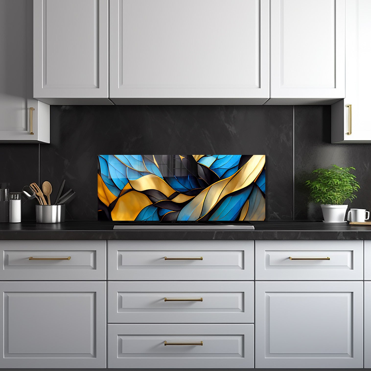 Blue Abstract Waves Glass Splashback - Modern Kitchen Backsplash for Stylish Home Decor | Perfect for Contemporary Kitchens & Bathrooms