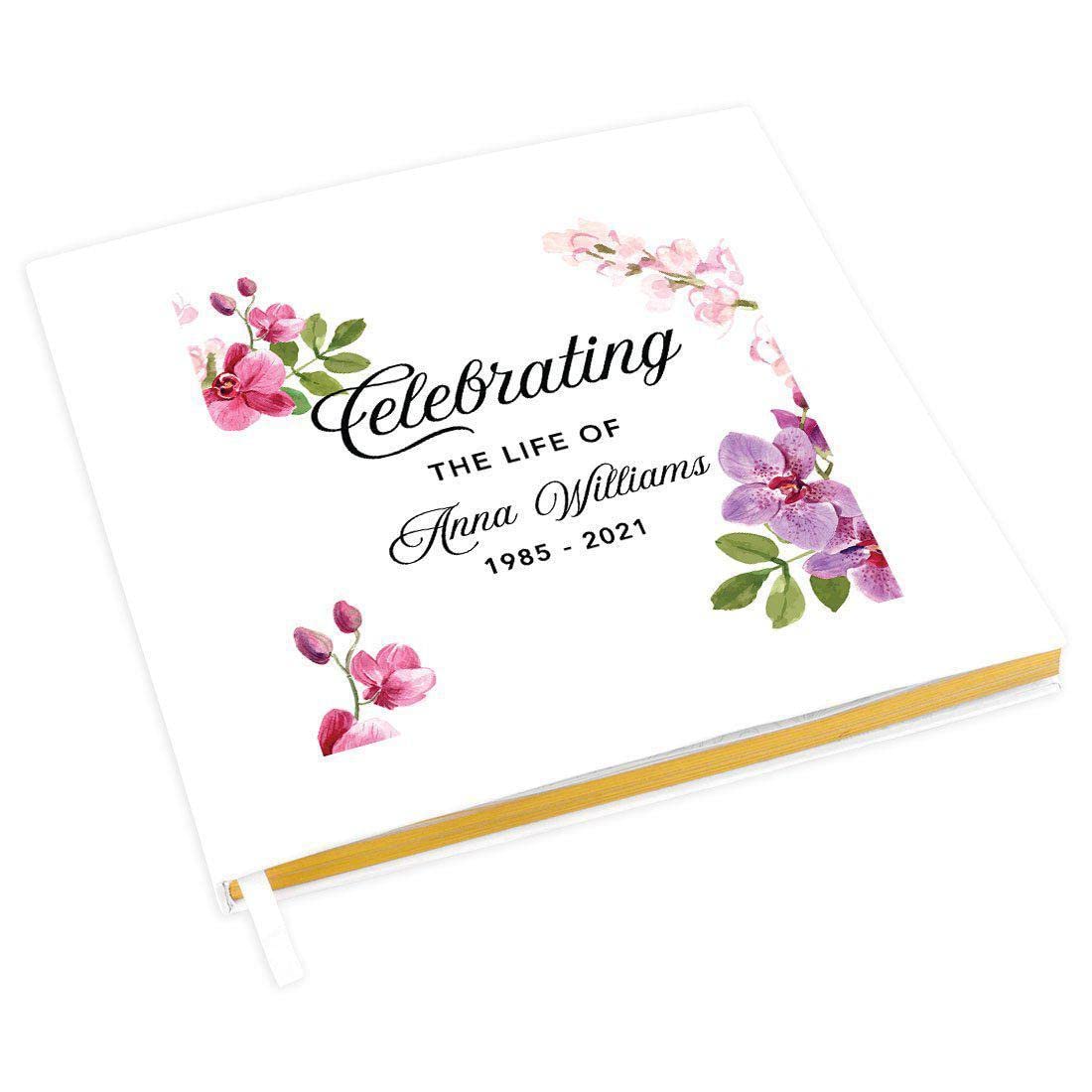 Personalized Memorial Guest Book with Gold Foil Accents - Watercolor Orchid Design, 8.5x8.5 Inch, 120 Pages for Funeral Guest Signing, Celebration of Life, Memory Book, DIY Scrapbook & Photo Album - Perfect for Memorial Services, Wake Receptions & Family Keepsakes