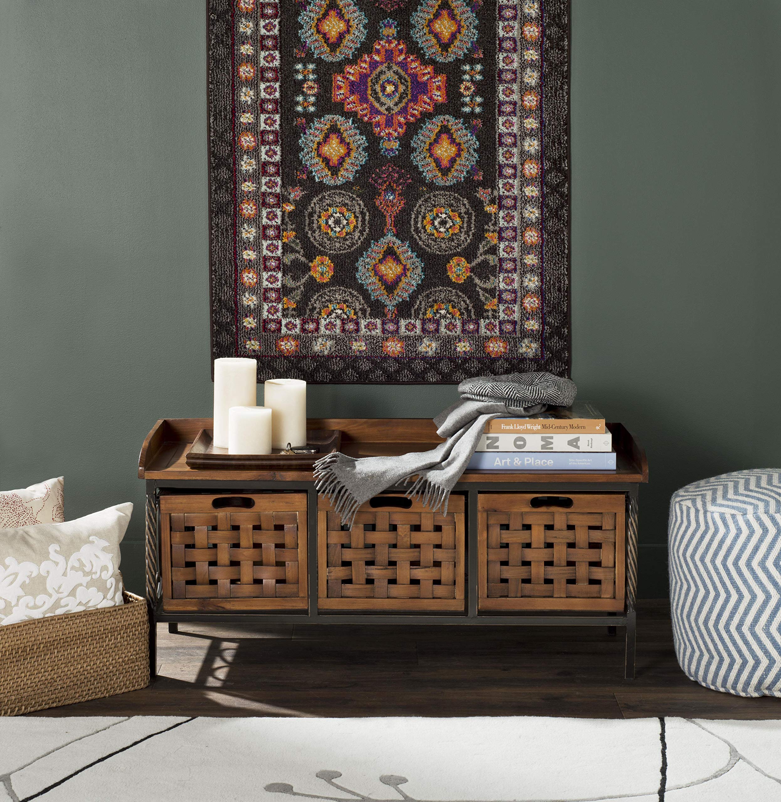 SAFAVIEH American Homes Collection Isaac Filbert Brown Wooden Storage Bench - Entryway Seating & Shoe Storage for Living Room, Bedroom, or Hallway