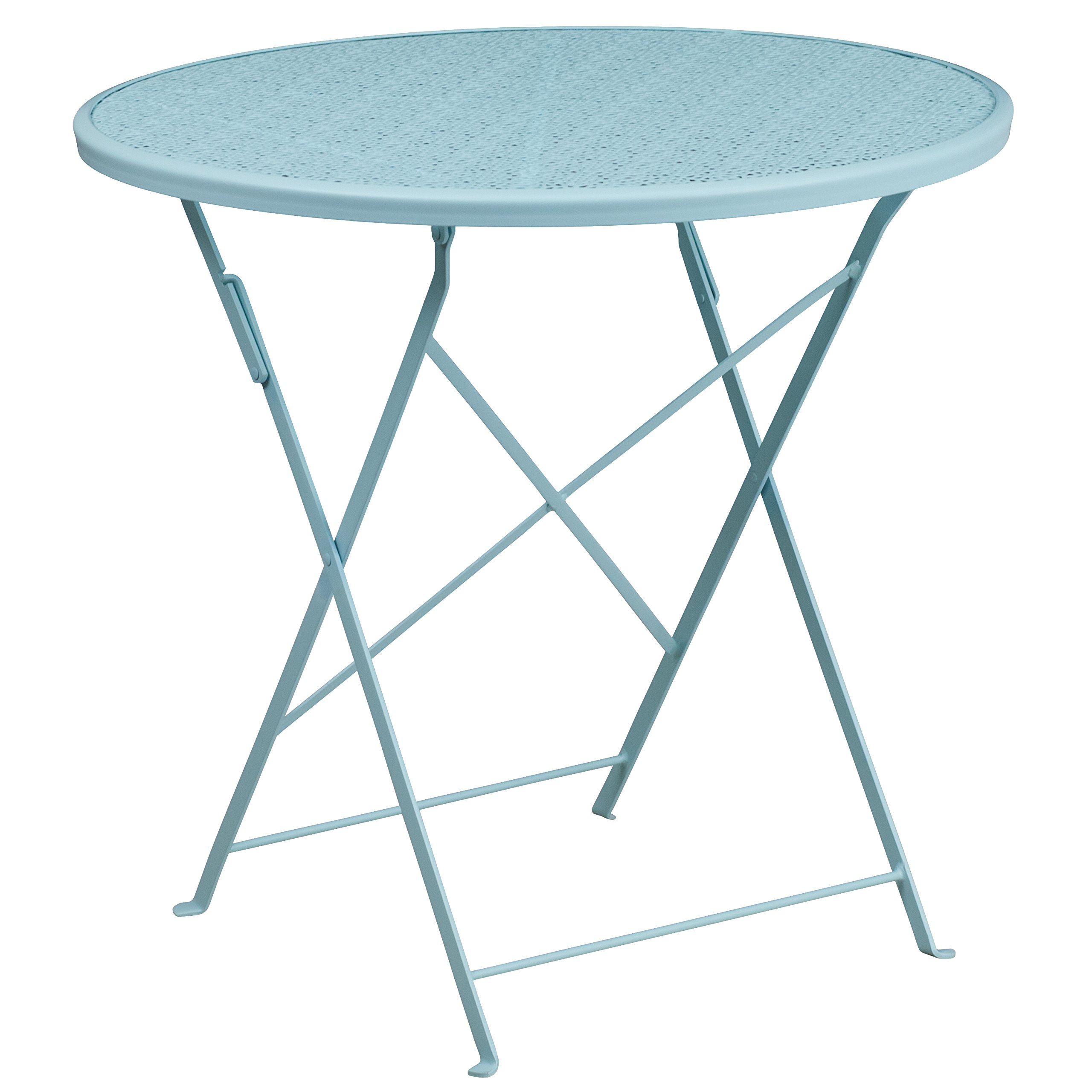 EMMA + OLIVER 30 Inch Round Commercial Grade Folding Patio Table - Indoor Outdoor Use, Sky Blue Steel Frame - Perfect for Backyard, Garden, Poolside & Restaurant Dining