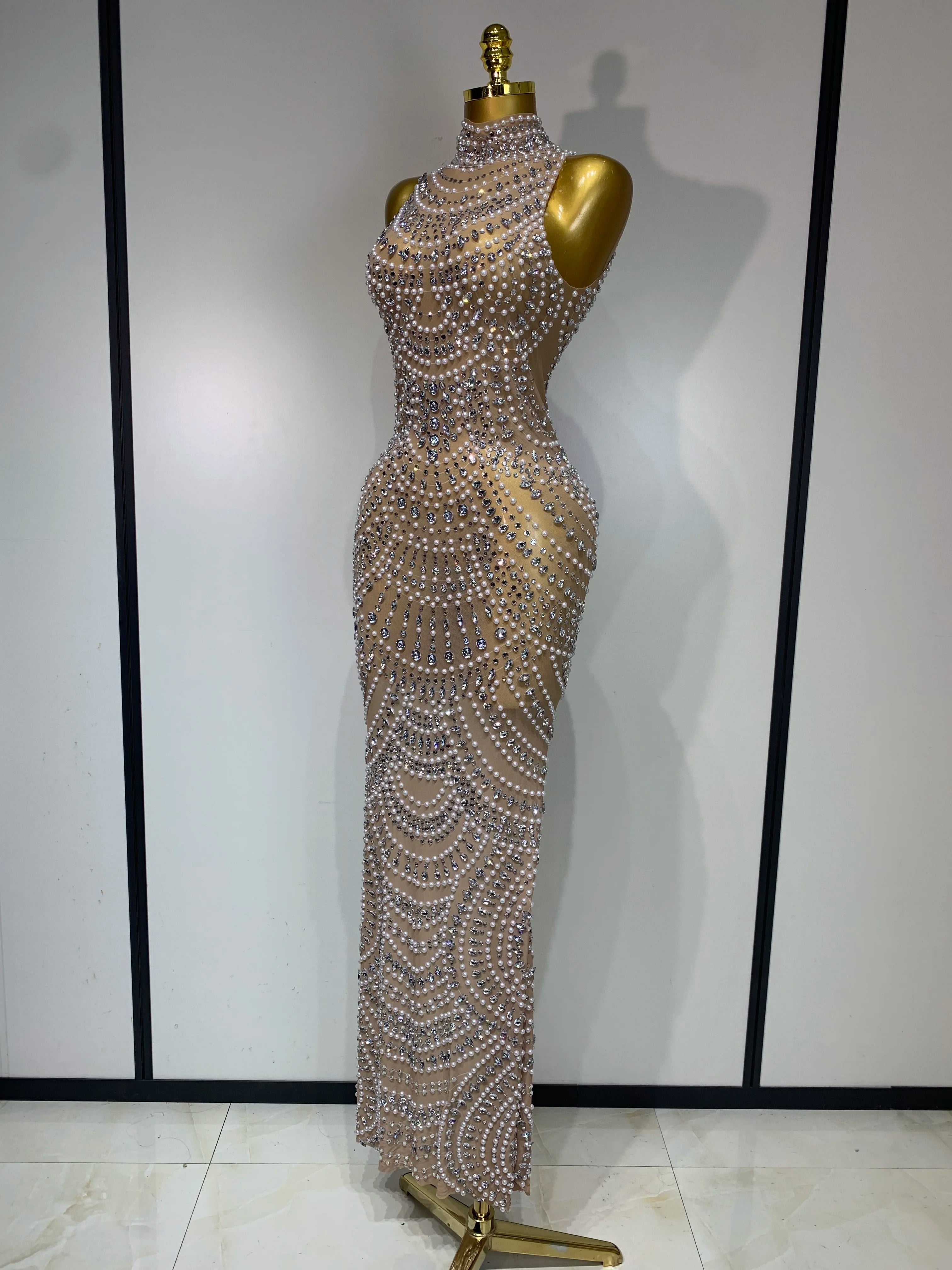 Elegant Sparkly Pearl Rhinestone Sleeveless Long Evening Dress for Women - Perfect for Birthday Party, Prom, Wedding & Luxury Photoshoot Outfits | Formal Gowns & Special Occasion Dresses