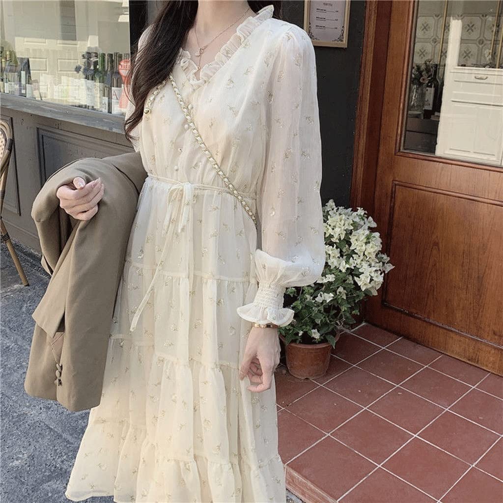 Women's Summer V-Neck Ruffled Dress - Korean Style Sweet Girlish Casual Flowy Maxi Dress for Beach, Date Night & Vacation (Color: A, Size: L)
