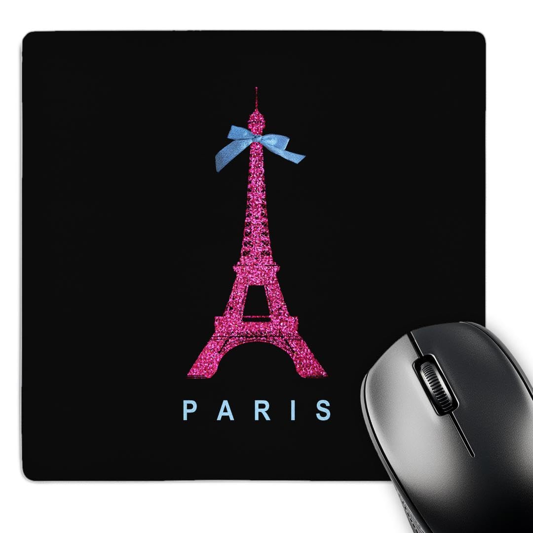 3D Rose Paris Eiffel Tower Mouse Pad - 8x8 Inches Hot Pink with Blue Ribbon Bow, Non-Slip Gaming & Office Desk Mat for Computer Laptop - Stylish Modern France Themed Gift for Women & Girls