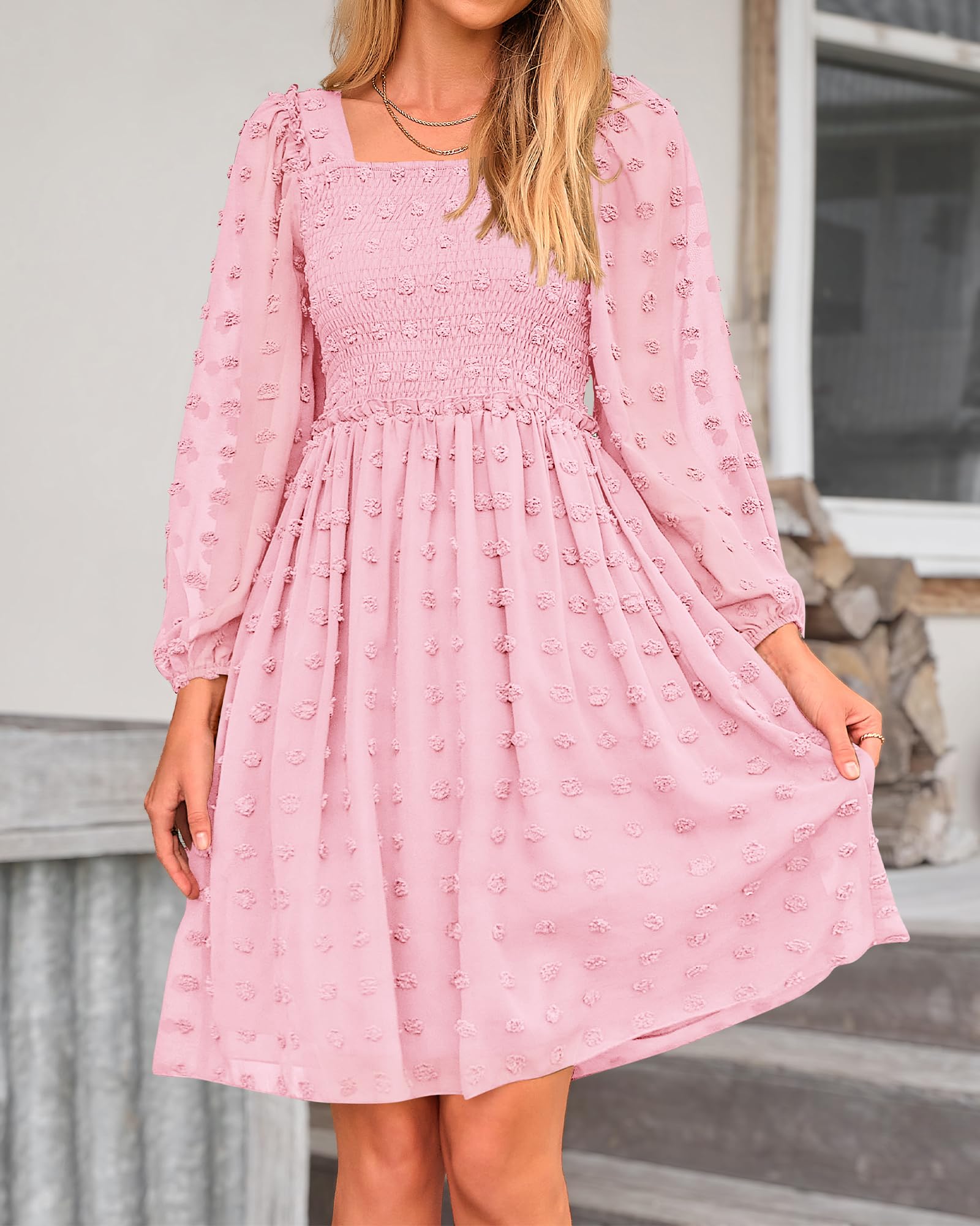 BTFBM Women's Floral Swiss Dot Boho Dress - Square Neck Smocked Mini Dress with Long Sleeves for Spring & Summer 2025 | Perfect for Wedding Guest, Garden Party & Casual Outings